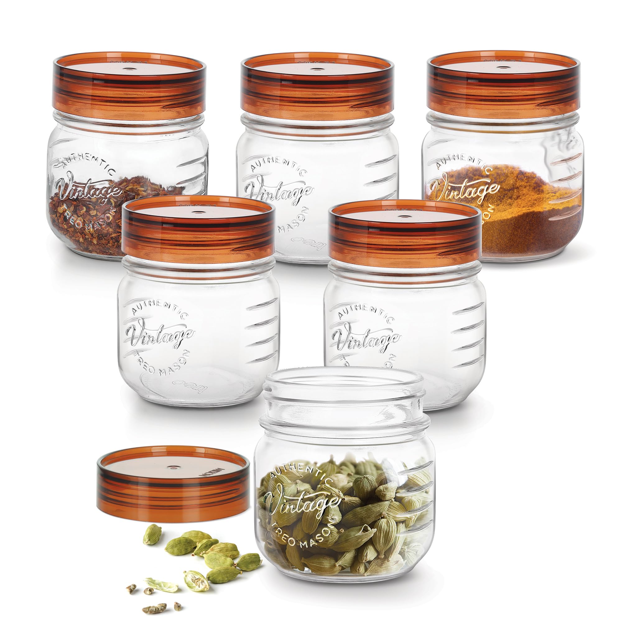 Treo By Milton Vintage Glass Jar With Plastic Lid, Set Of 6, 300 Ml, Transparent |Storage Jar | Kitchen Organiser | Modular |Foo