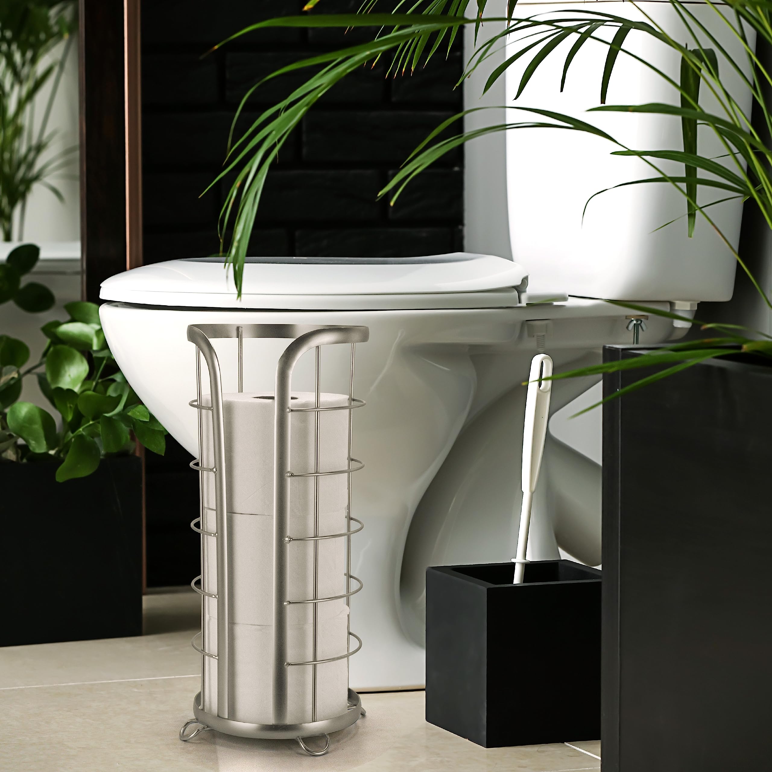 Brookstone, Nickel Toilet Paper Holder, Freestanding Bathroom Tissue Organizer, Minimalistic Storage Solution, Modern & Stylish