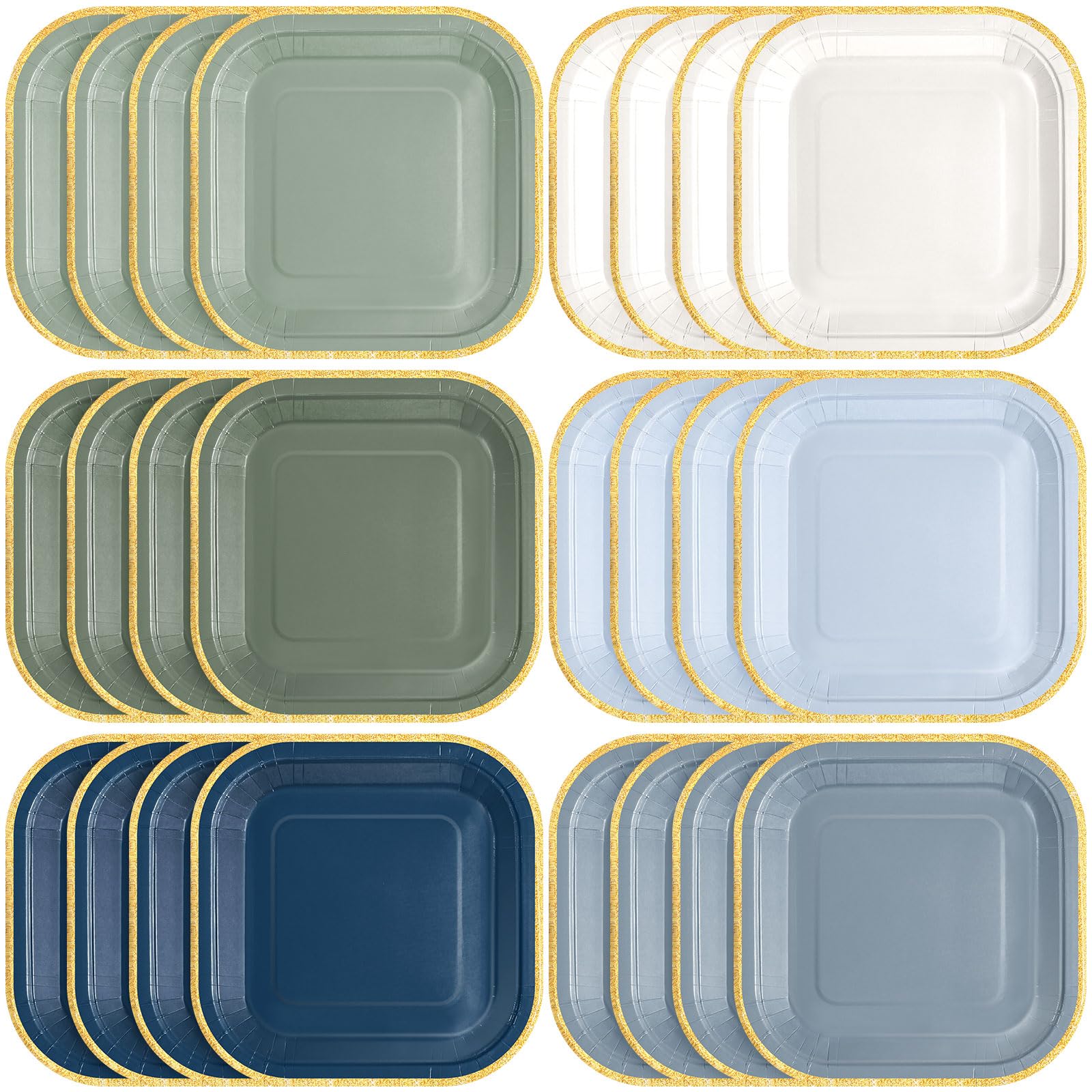 Tiangrid 60 Pcs Dusty Blue and Green Paper Plates 7 Inch Gradient Disposable Square Dessert Party Plates with Gold Edge for Birt