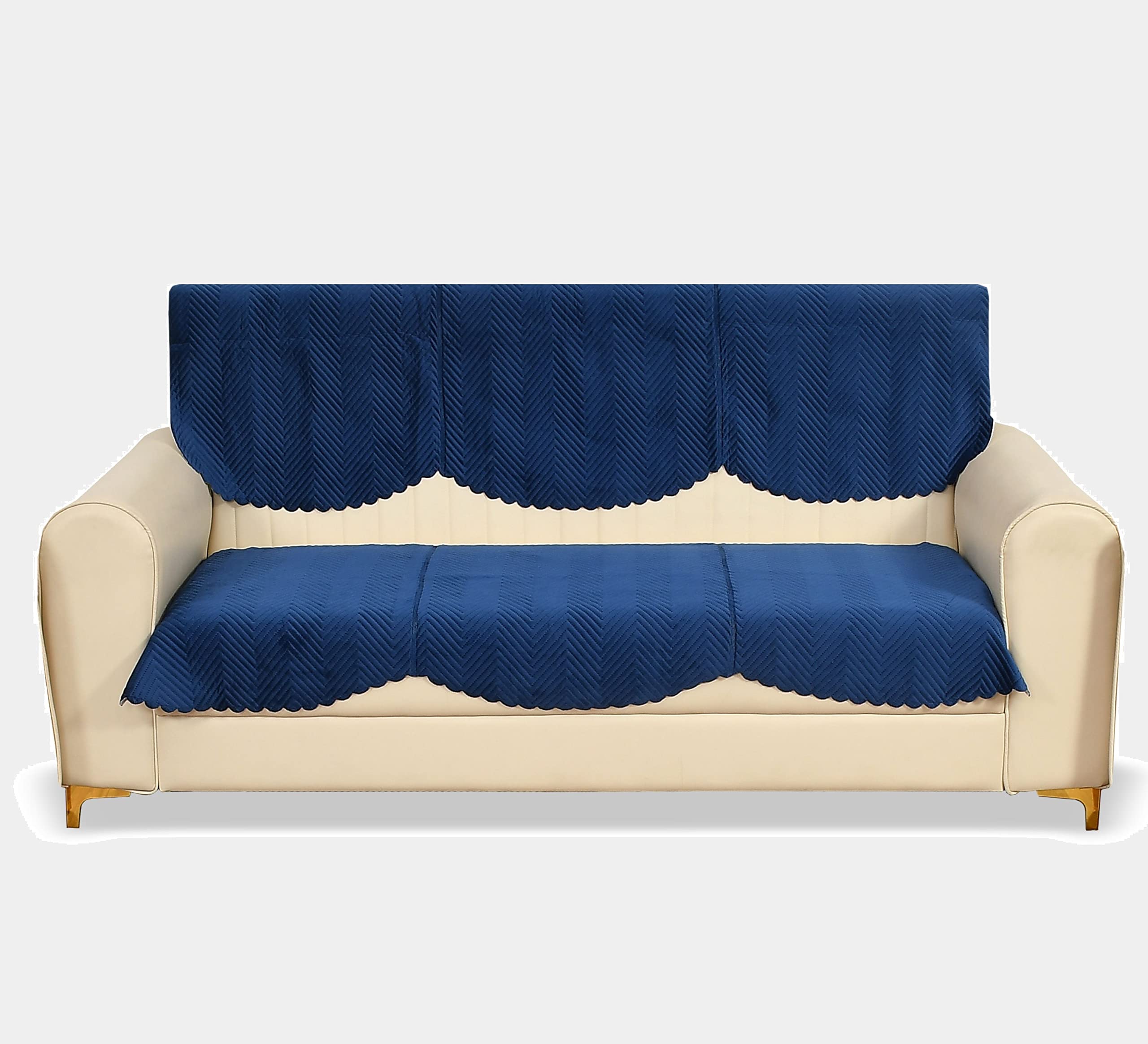 Yellow Weaves Velvet 3 Seater Quilted Sofa Cover And Chair Cover, Seat&Back Cover, Color - Blue