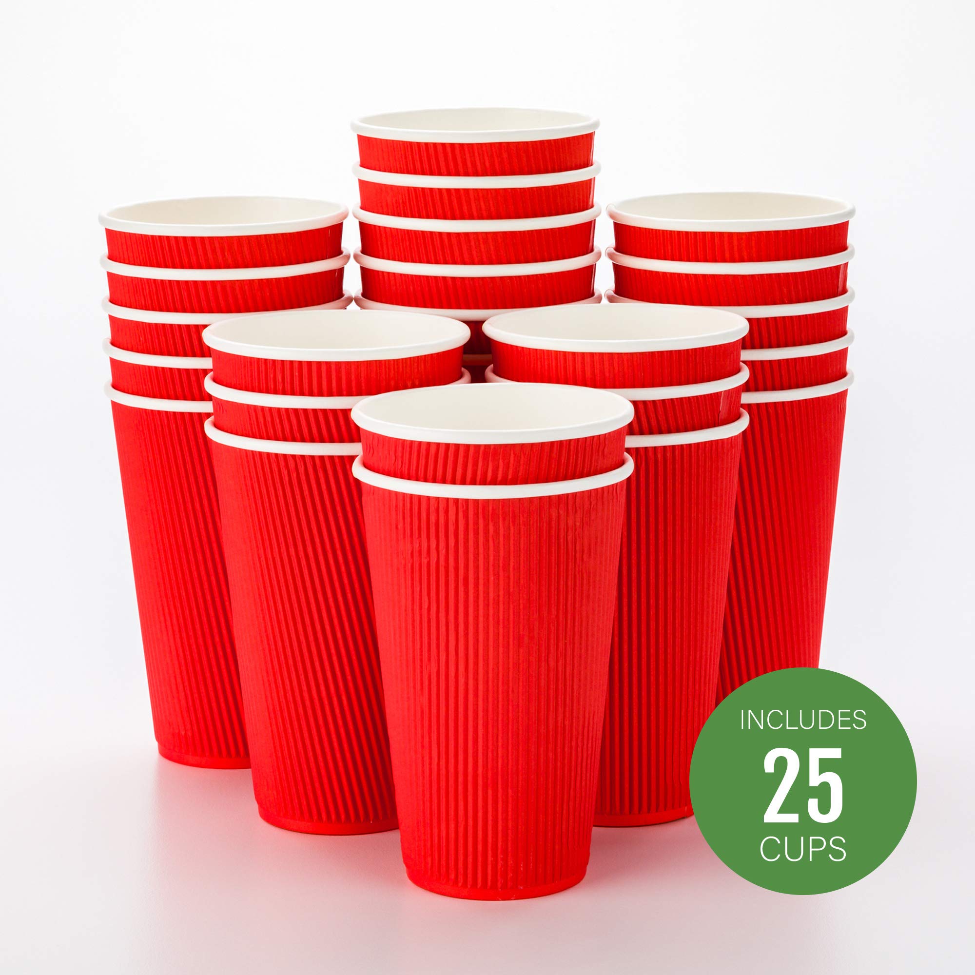 16 Ounce Paper Coffee Cups  25 Ripple Disposable Paper Cups - Leakproof  Recyclable  Red Paper Hot Cups  Insulated  Matching Lids Sold Separately - Restaurantware