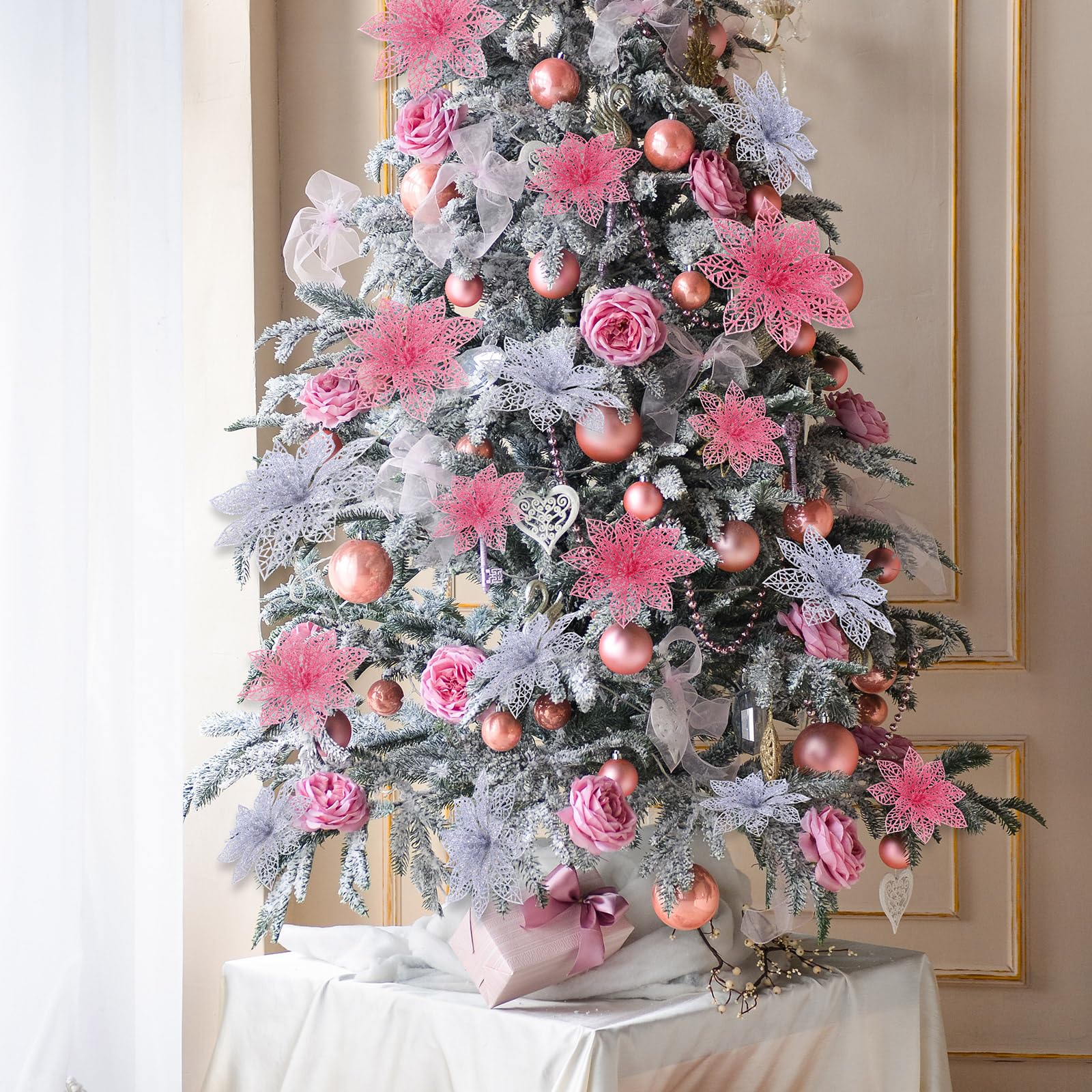 Boao 24 Pieces Christmas Poinsettia Tree Ornament Artificial Flowers Christmas Decoration Glitter Ornament, 3/4/6 Inches(Pink,Si