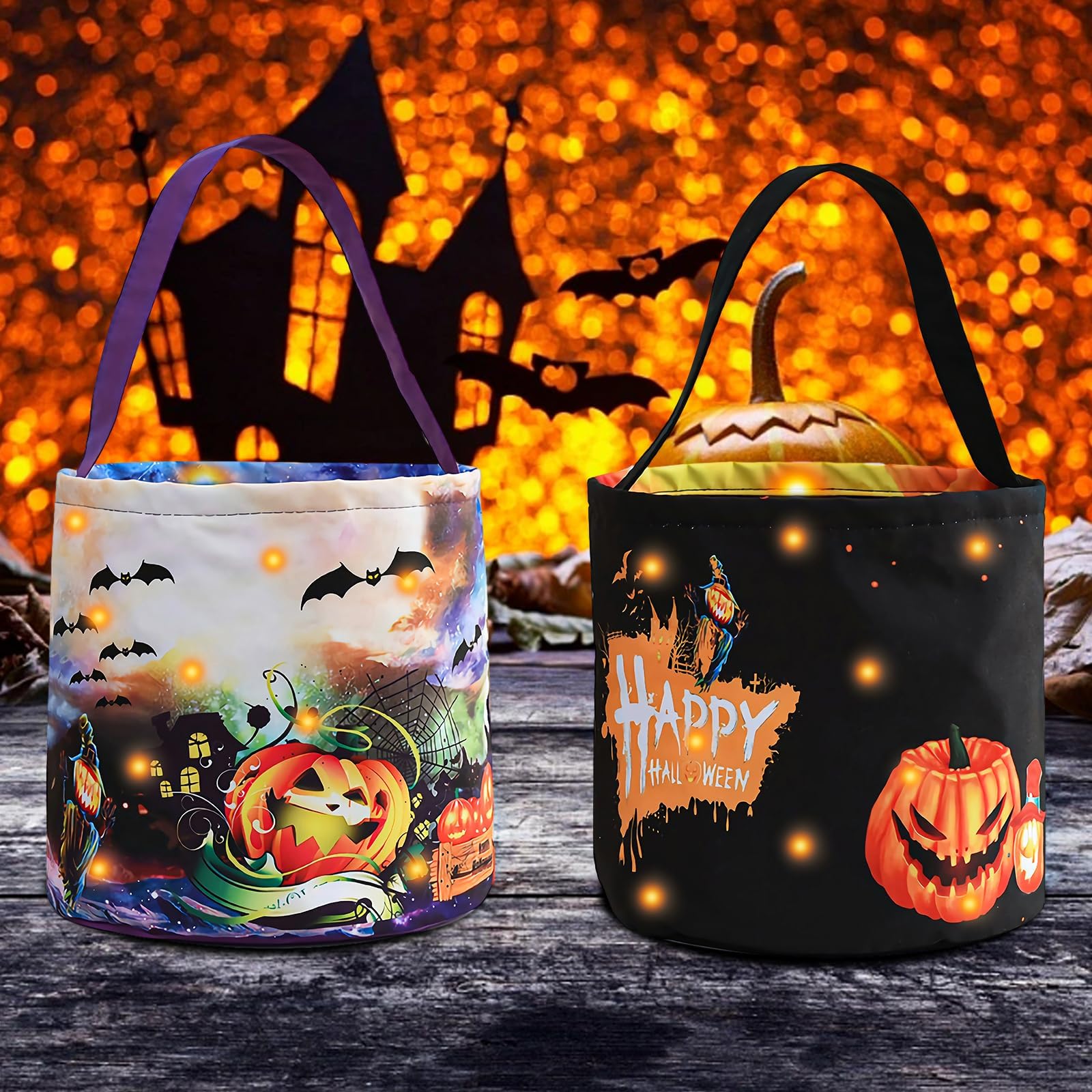Hutuzldz Halloween Trick Or Treat Candy Bags Led Light Up Pumpkin Bucket, Collapsible Reusable Candy Basket, Fabric Tote Gift Go
