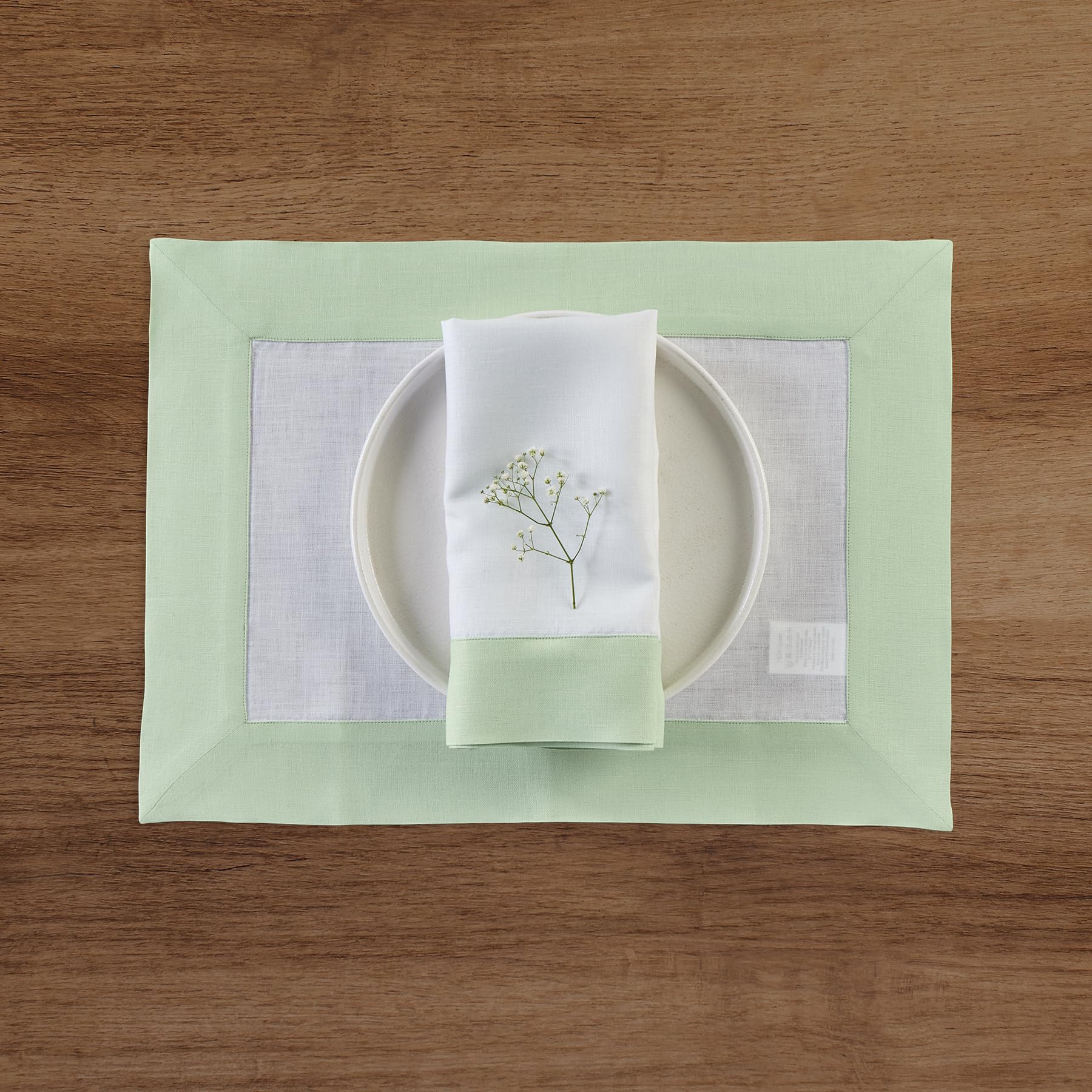 Solino Home Linen Dinner Napkins 20 X 20 Inch - 100% Pure Linen Light Green And White Cloth Napkins Set Of 4 - Contempo, Handcra