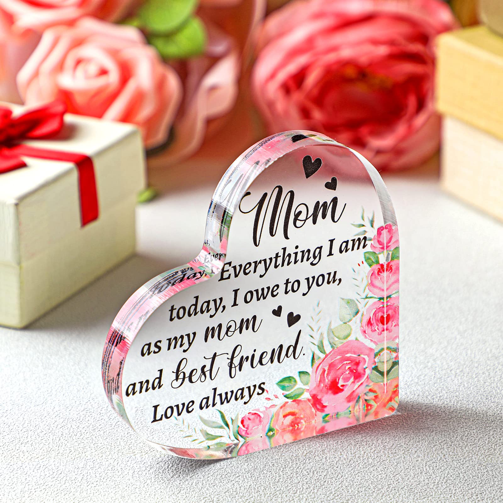 Gift for Mom from Daughter Son Christmas Acrylic Heart Shaped Block for Moms Bonus Heart Plaque Sign for Grateful MotherS Day Bi