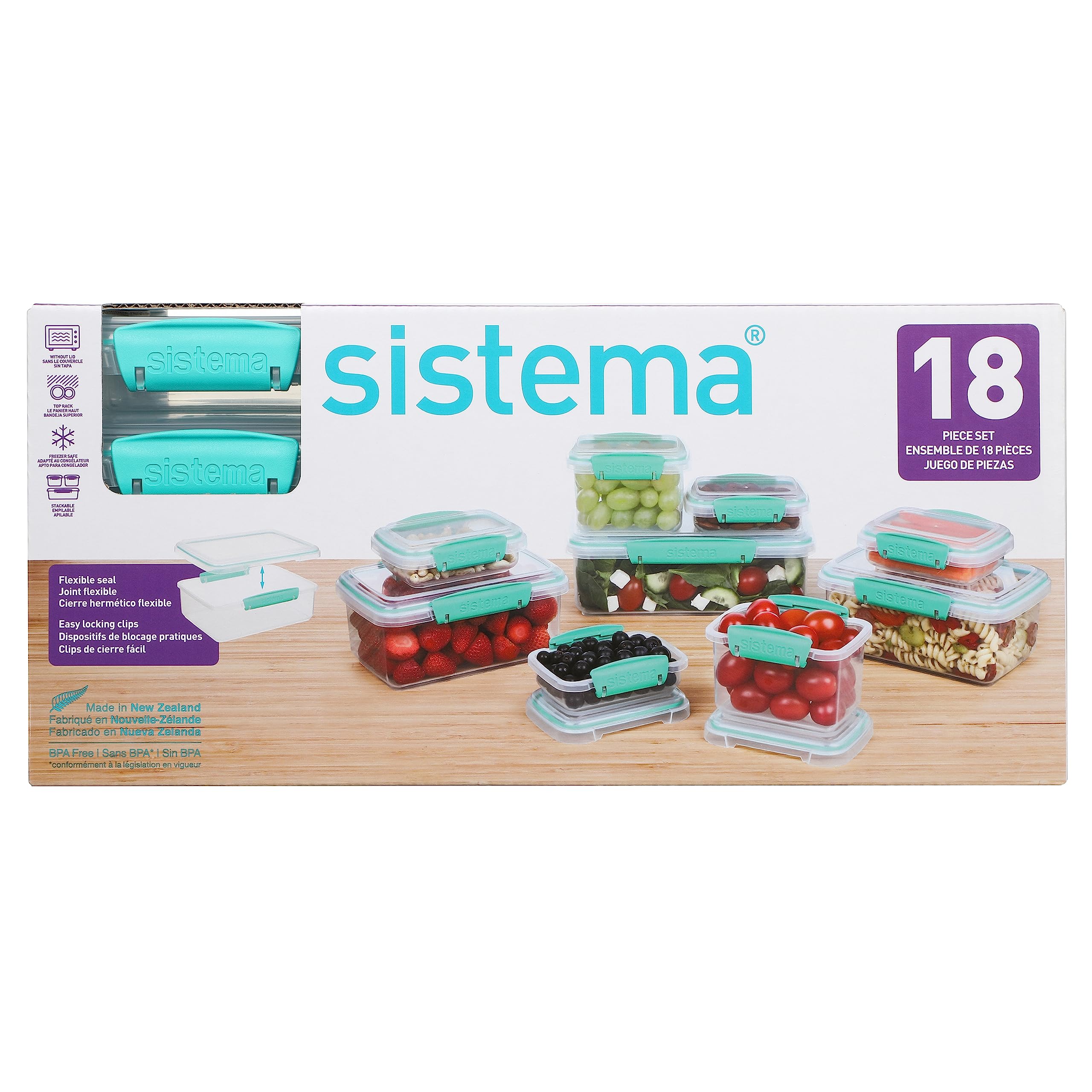 Sistema 18-Piece Food Storage Containers With Lids For Lunch, Meal Prep, And Leftovers, Dishwasher Safe, Clear/Blue