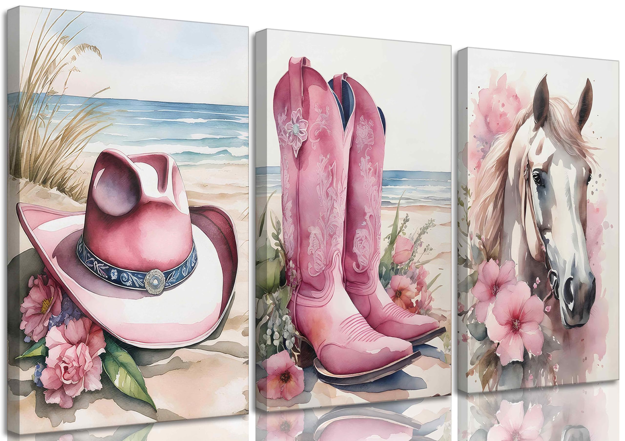 3Pcs Coastal Western Cowgirl Canvas Wall art Pink Flower Boots Hat Horse Aesthetic Painting Pictures Wall Decor Southern Girl Tr