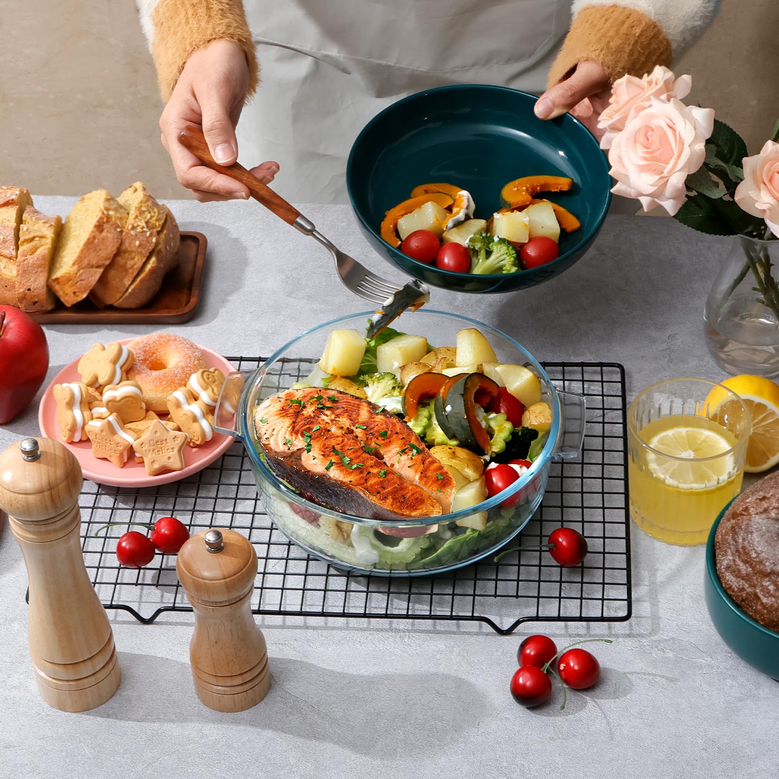 Nutriups Glass Casserole Dish With Lid Oven Safe Covered Round Casserole Dish With Handles, Glass Microwavable Bowl With Glass L