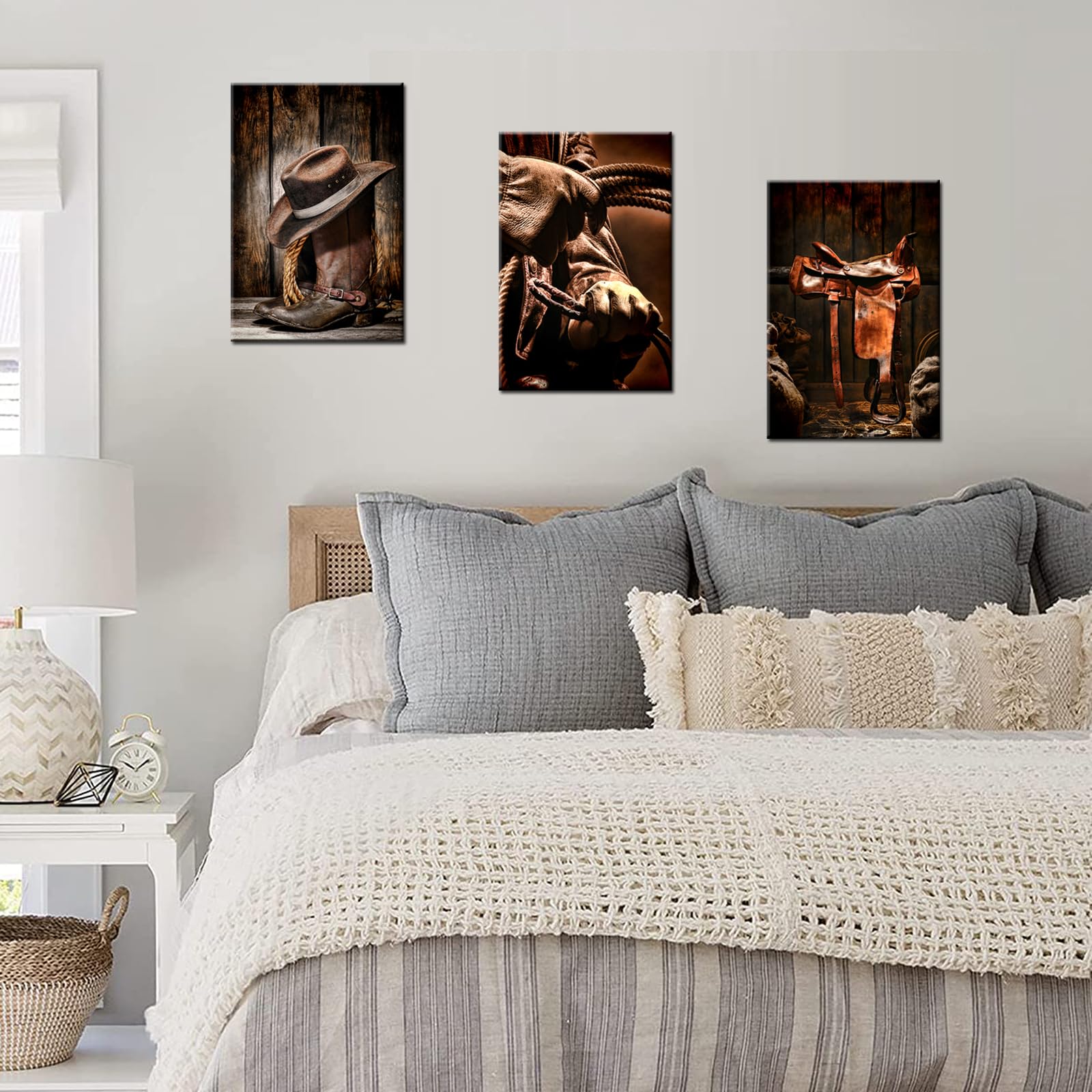 Biuteawal - 3 Pieces Canvas Prints American West Rodeo Cowboy Wall Art Painting Brown Straw Hat On Leather Rancher Roper Boots P