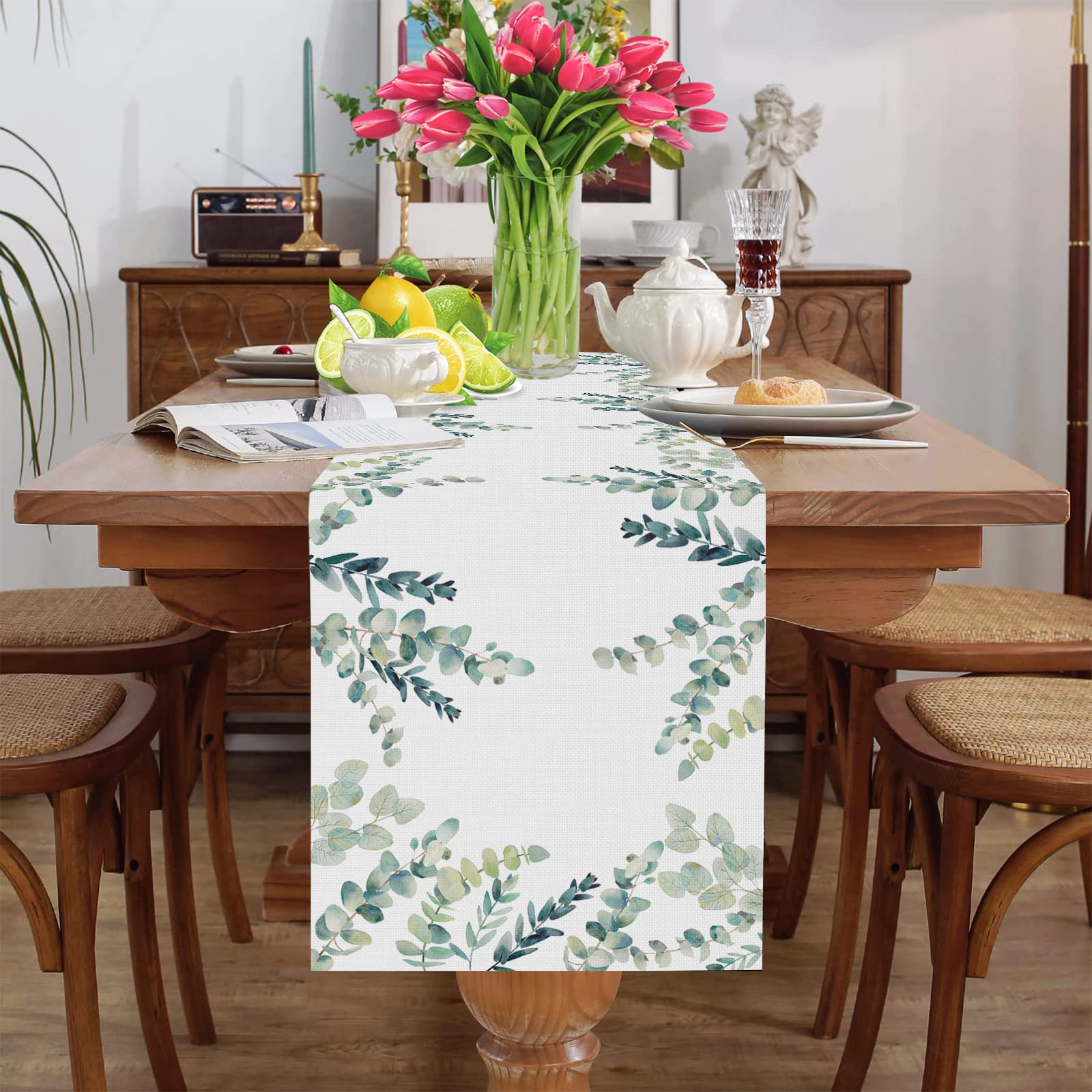 Fjpt Eucalyptus Linen Table Runner 72 Inches Long,Summer Spring Table Runner Kitchen Decor For Home Party And Dining Room Dresse