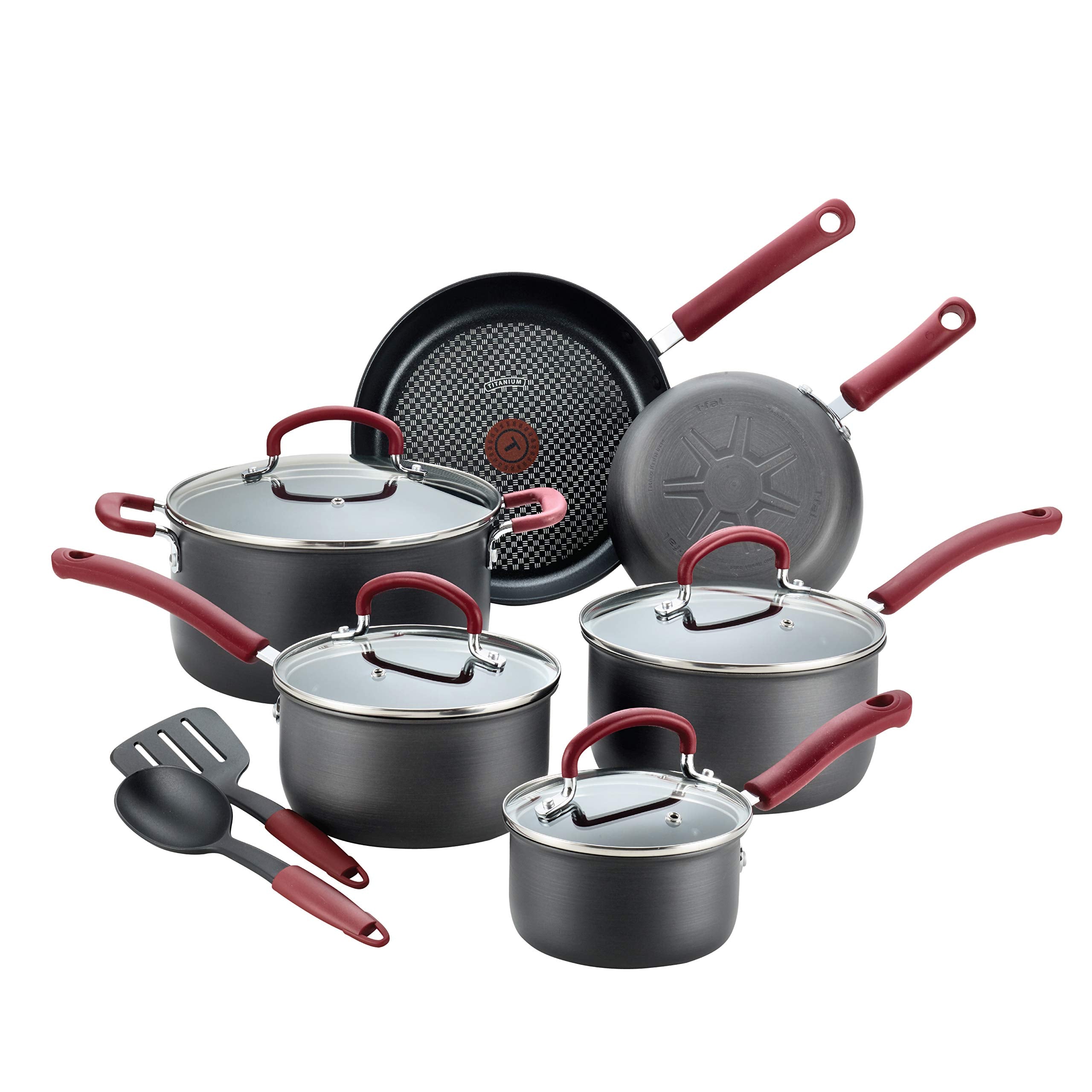 T-fal Ultimate Hard Anodized Nonstick Cookware Set 12 Piece, Oven Broiler Safe 600F, Kitchen Cooking Set w/ Fry Pans, Saucepans,