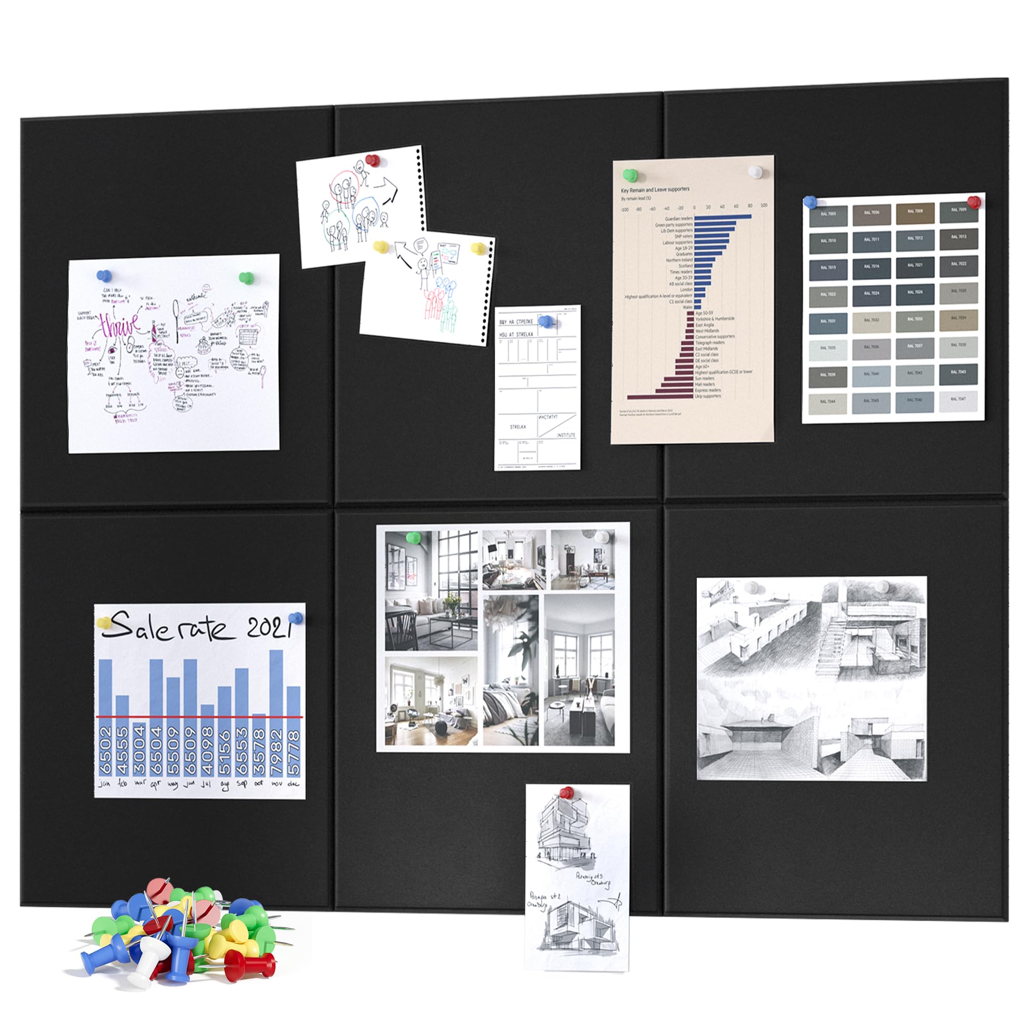 Neatsure Large Cork Board for Wall, Black Felt Bulletin Board with Pushpins, 36 x 24 6 Panels Wall Tiles, Tack Push Pin Boards f