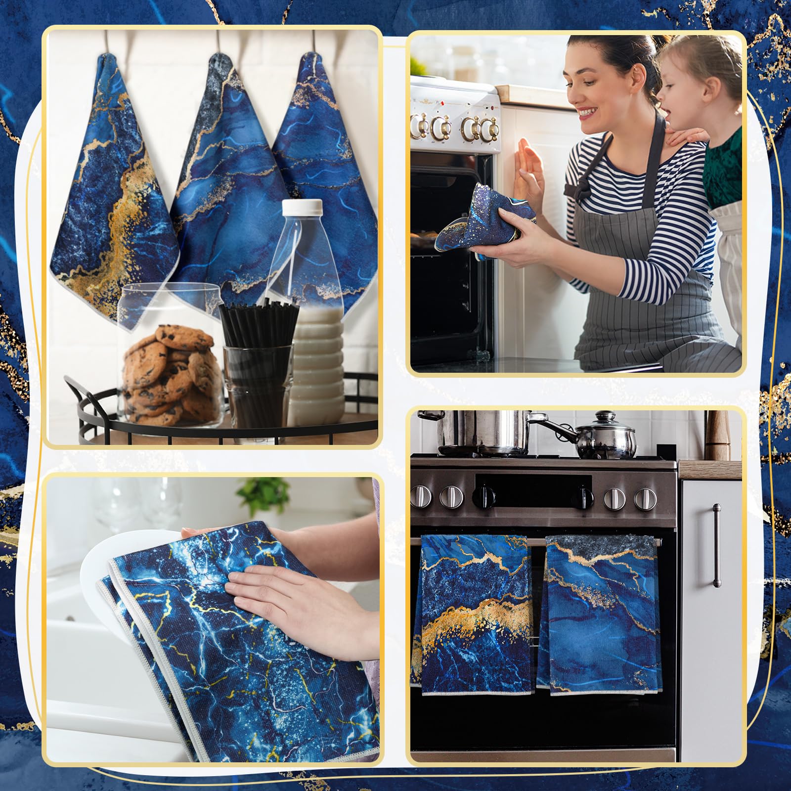 Boyiee Set of 6 Marble Kitchen Towels Blue Gold Hand Modern Absorbent Soft Decorative Dish Tea Towels 24 x 16 Inches Kitchen Gif