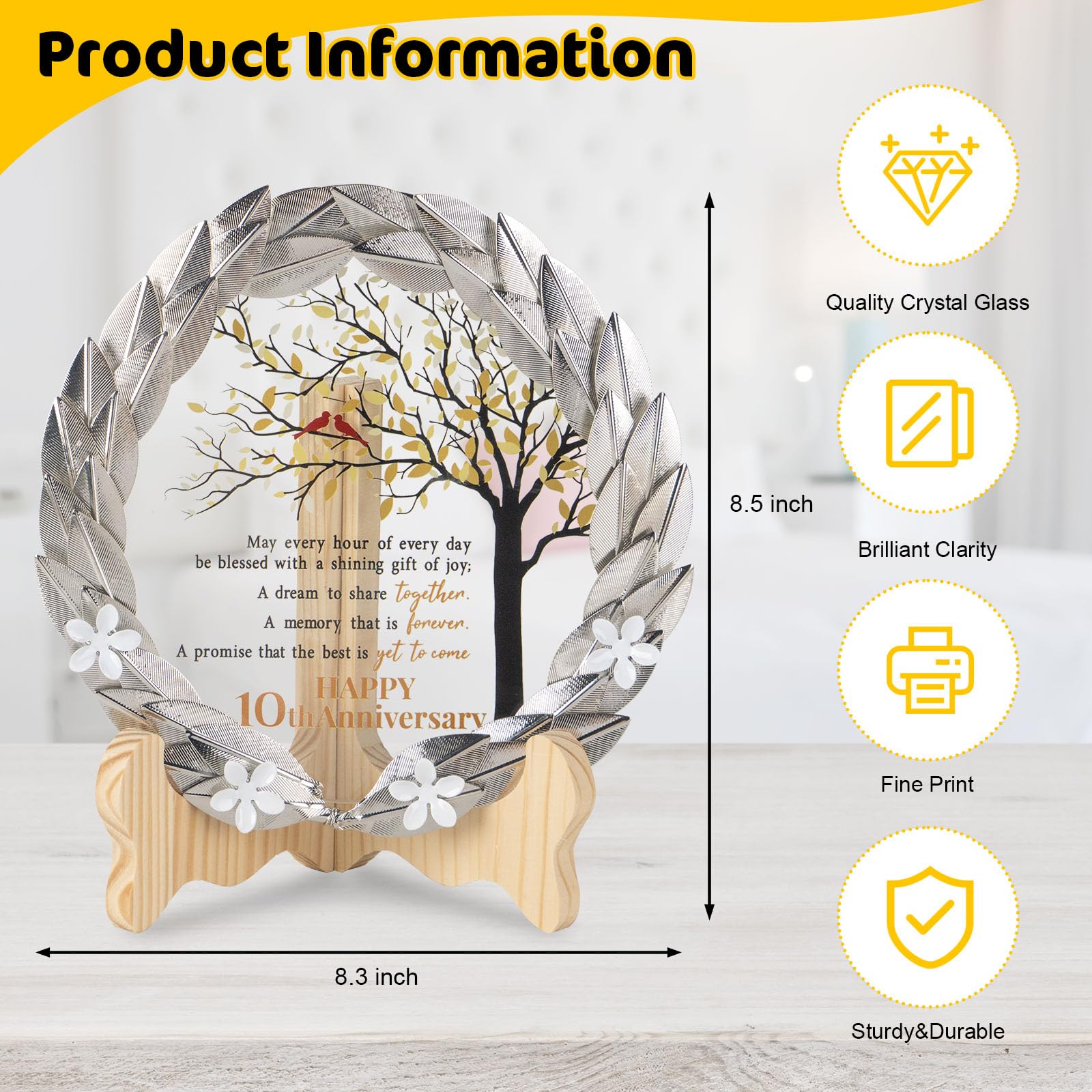 10th Anniversary Wedding Gifts Crystal Plate with Tin Leaf Wreath - 10 Years Anniversary Wedding Unique Gifts Ideas for Parents