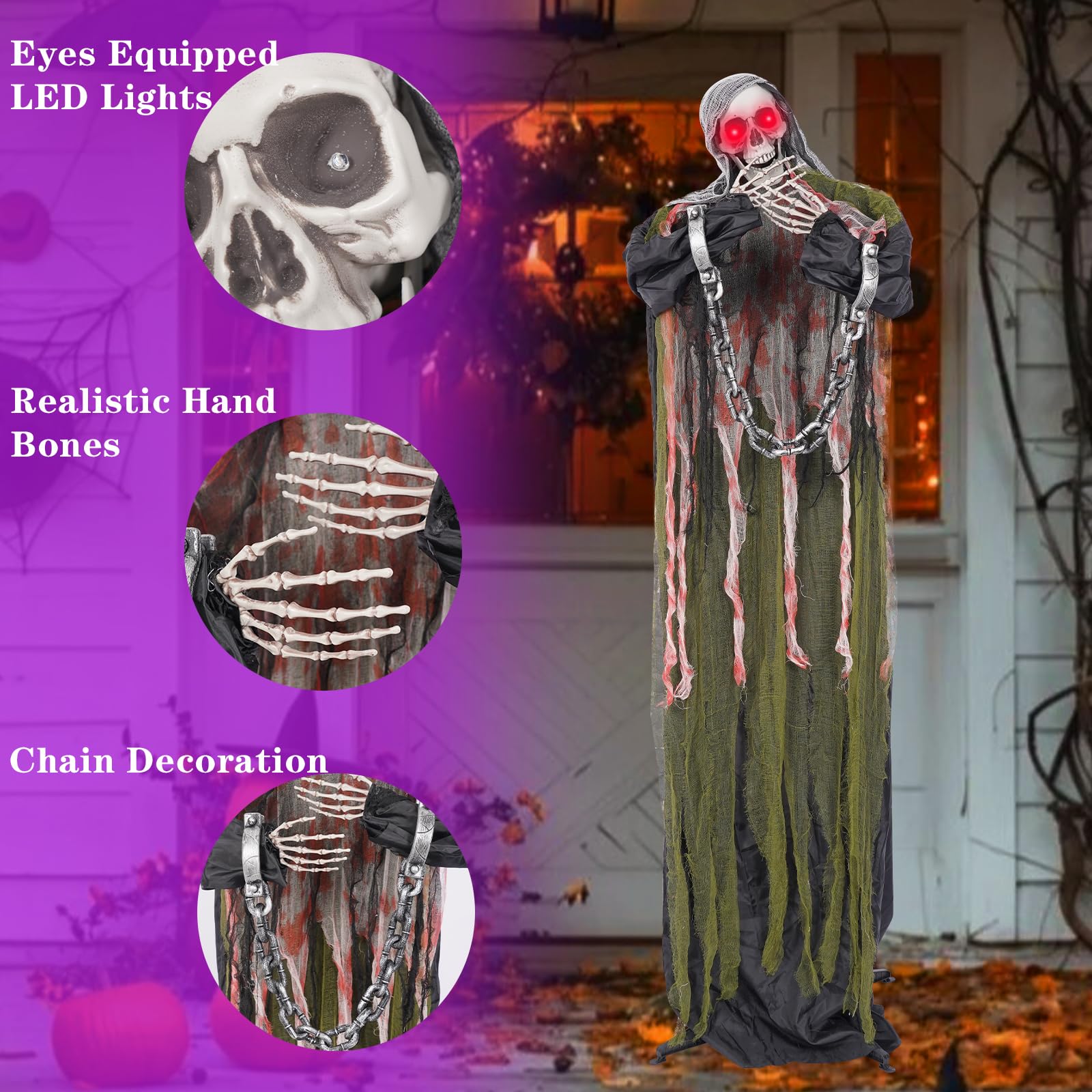 Halloween Decorations Outdoor Life Size Animatronics Grim,LED Eyes Evil with Chain,Creepy Sound, Scary Move,Light Up Eyes,Haunte