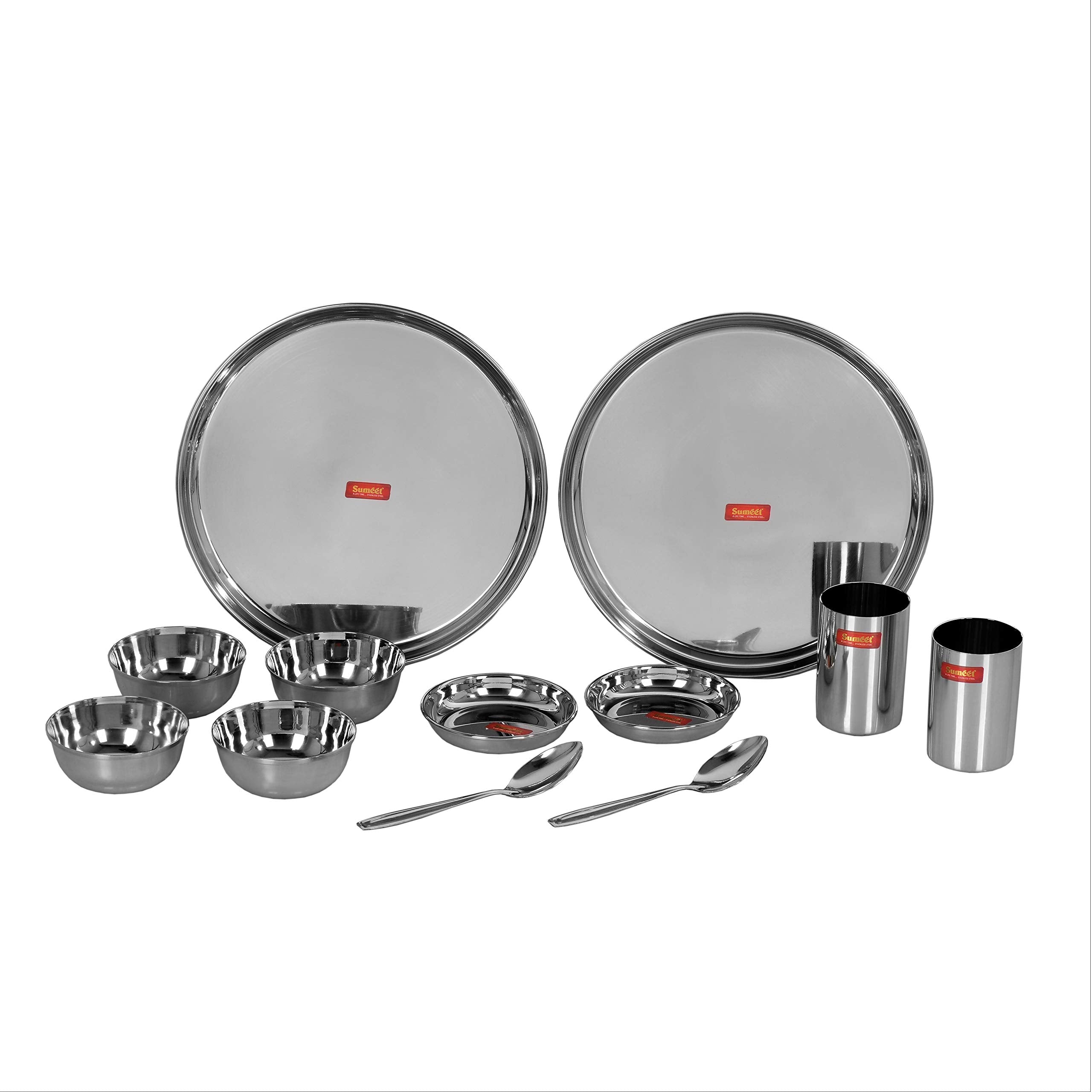 Sumeet Stainless Steel Solid Heavy Gauge Mirror Finish Dinner Set Of 12 Pcs (2 Plate  2 Small Halwa Plate  4 Bowl Wati  2 Glass  2 Spoon)
