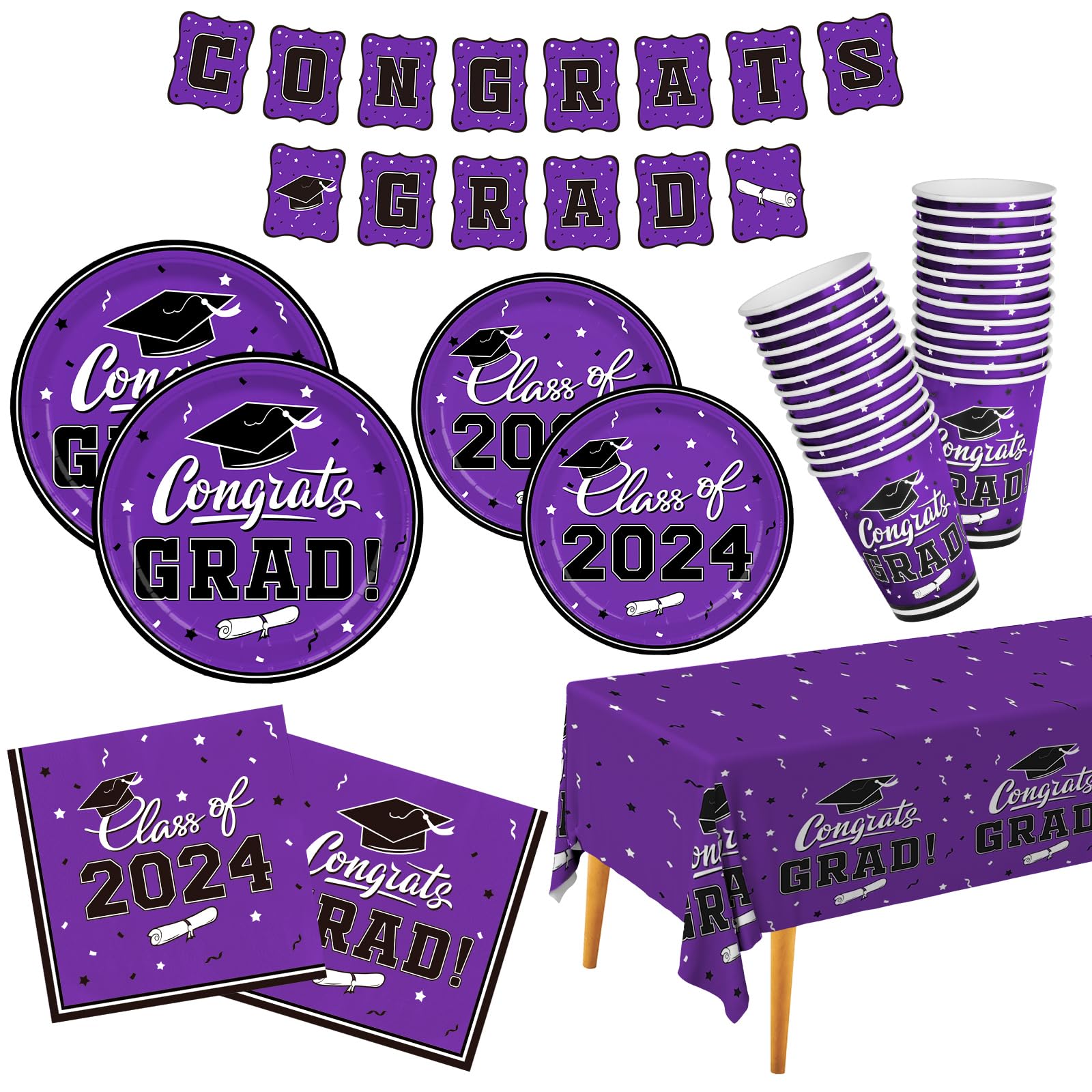 Graduation Party Supplies Gatherfun 2024 Graduation Party Dinnerware Set Purple Disposable Paper Plates Napkins Cups Tablecloth