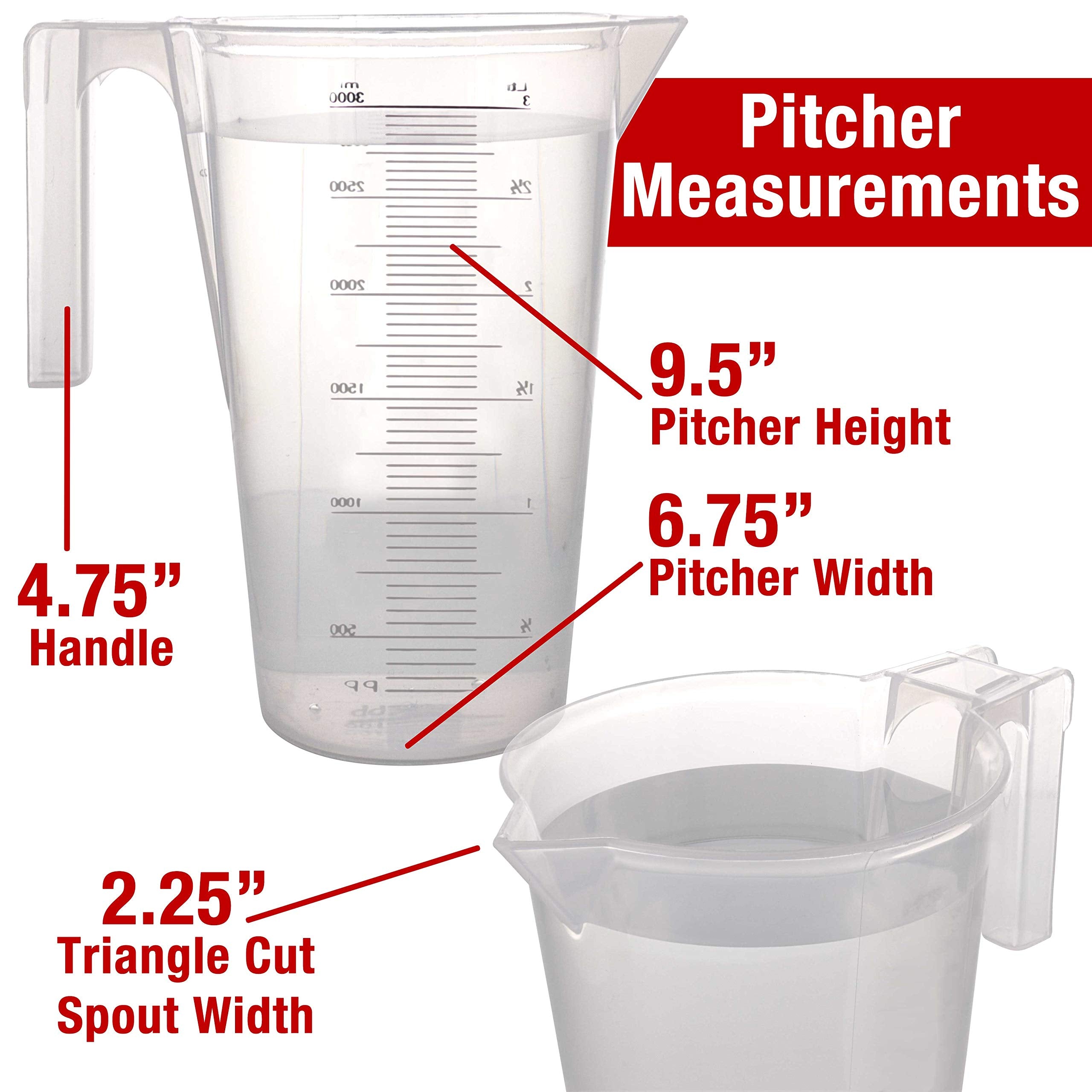 Tcp Global 3 Liter (3000Ml) Plastic Graduated Measuring And Mixing Pitcher (Pack Of 4) - Holds 3 Quarts 0.75 Gallon - Pouring Cu