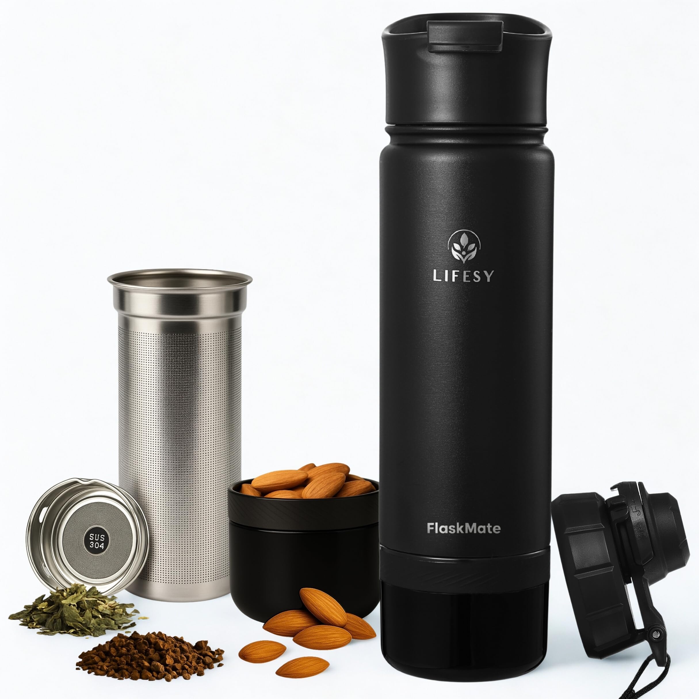 Coffee & Cold Brew Travel Bottle  18oz Insulated Flask with French PressStyle Brewing, Hidden Storage & Dual Lids  For Hot & 