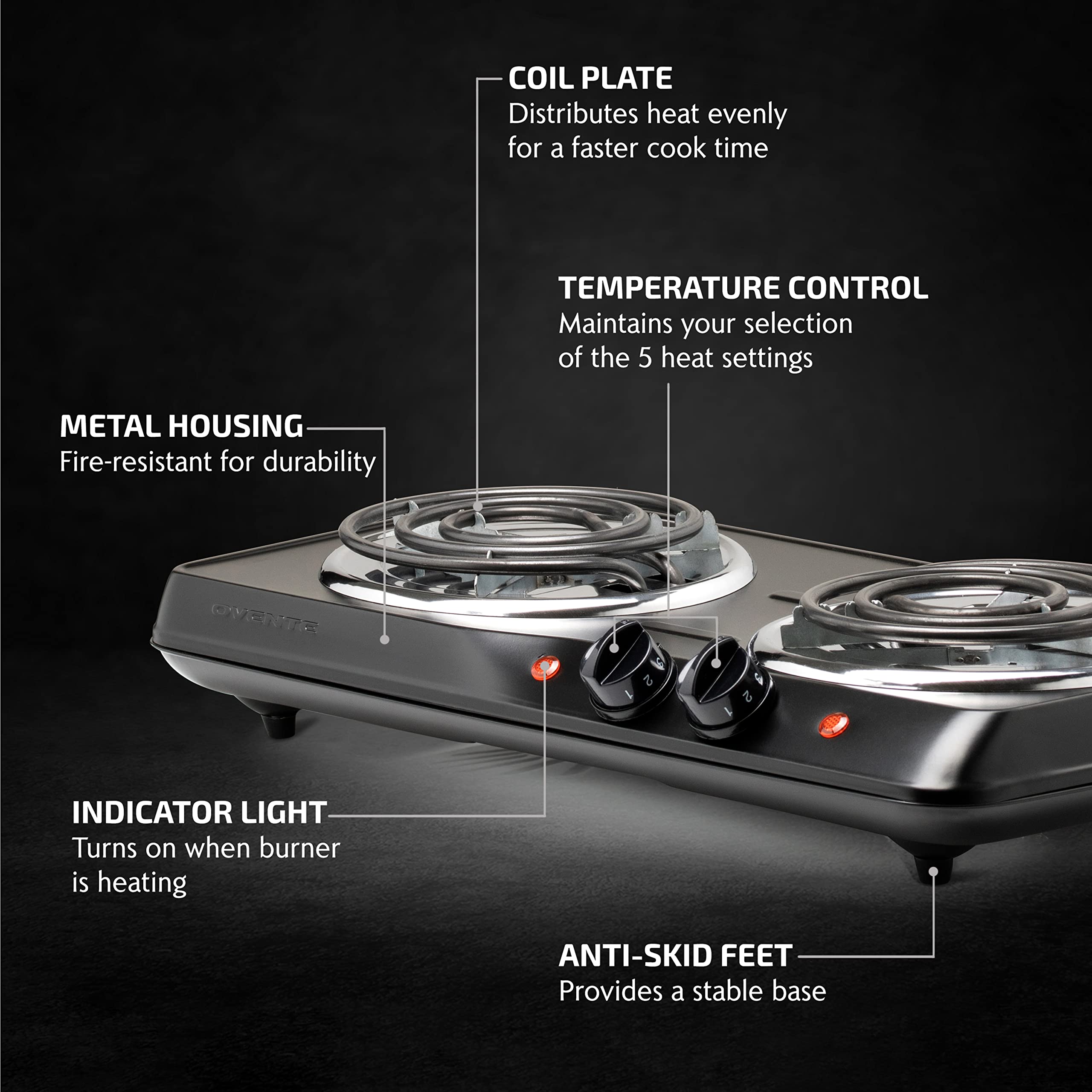 OVENTE Electric Double Burner Cooktop, 1700W, Stainless Steel Coil Plates, 5-Level Temp Control, Black BGC102B