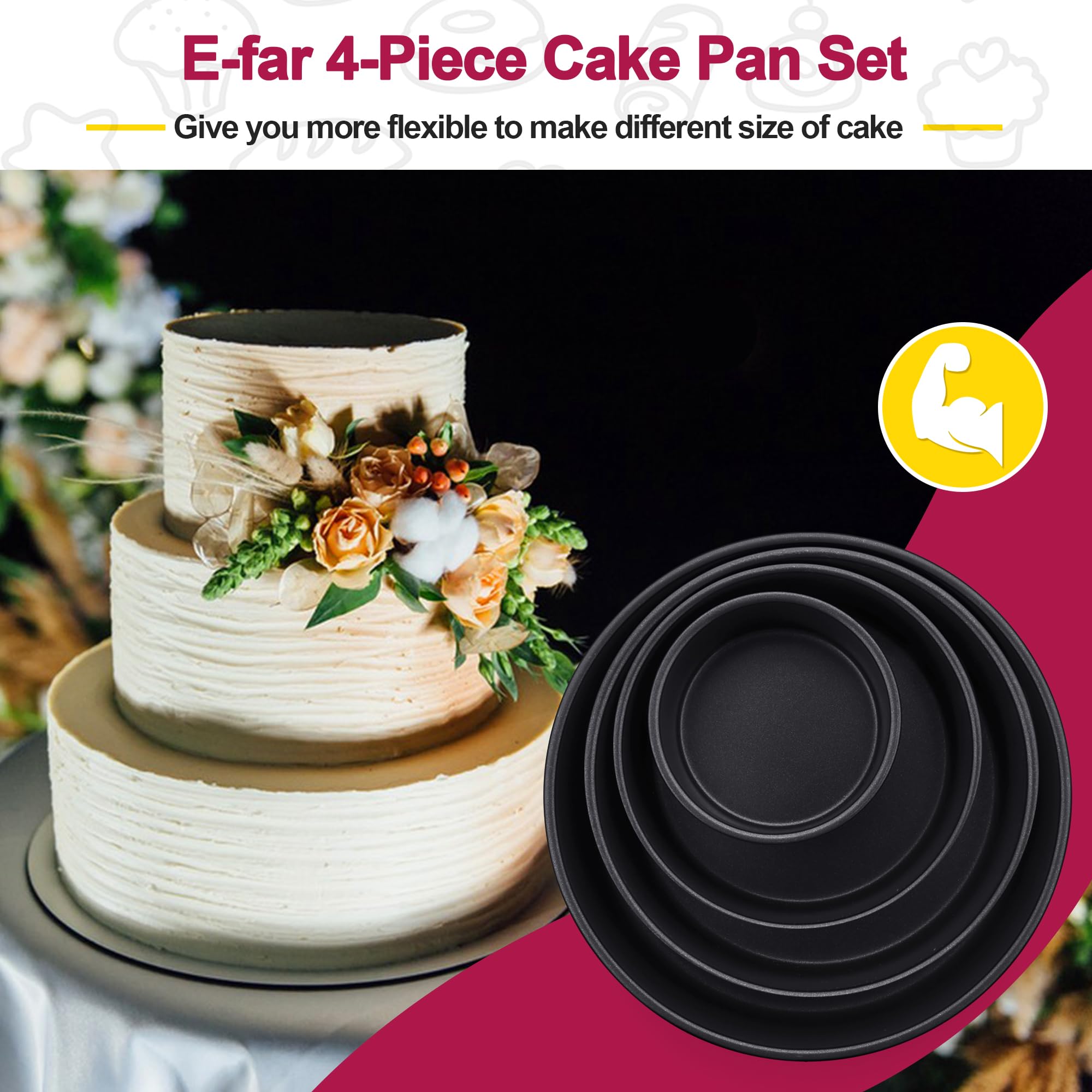 E-Far Cake Pan Set Of 4 (4 Inch/6 Inch/8 Inch/9 Inch), Nonstick Round Baking Cake Pans For Tier Birthday Wedding Cake, Stainless