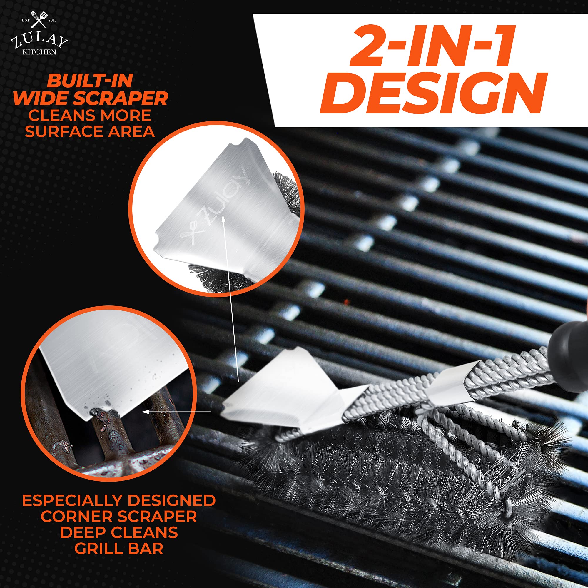 18'' Heat Boss Grill Brush And Scraper - 3 Rows Of Reinforced Stainless Steel Bristles - Best Heavy Duty Outdoor Grill Brush For
