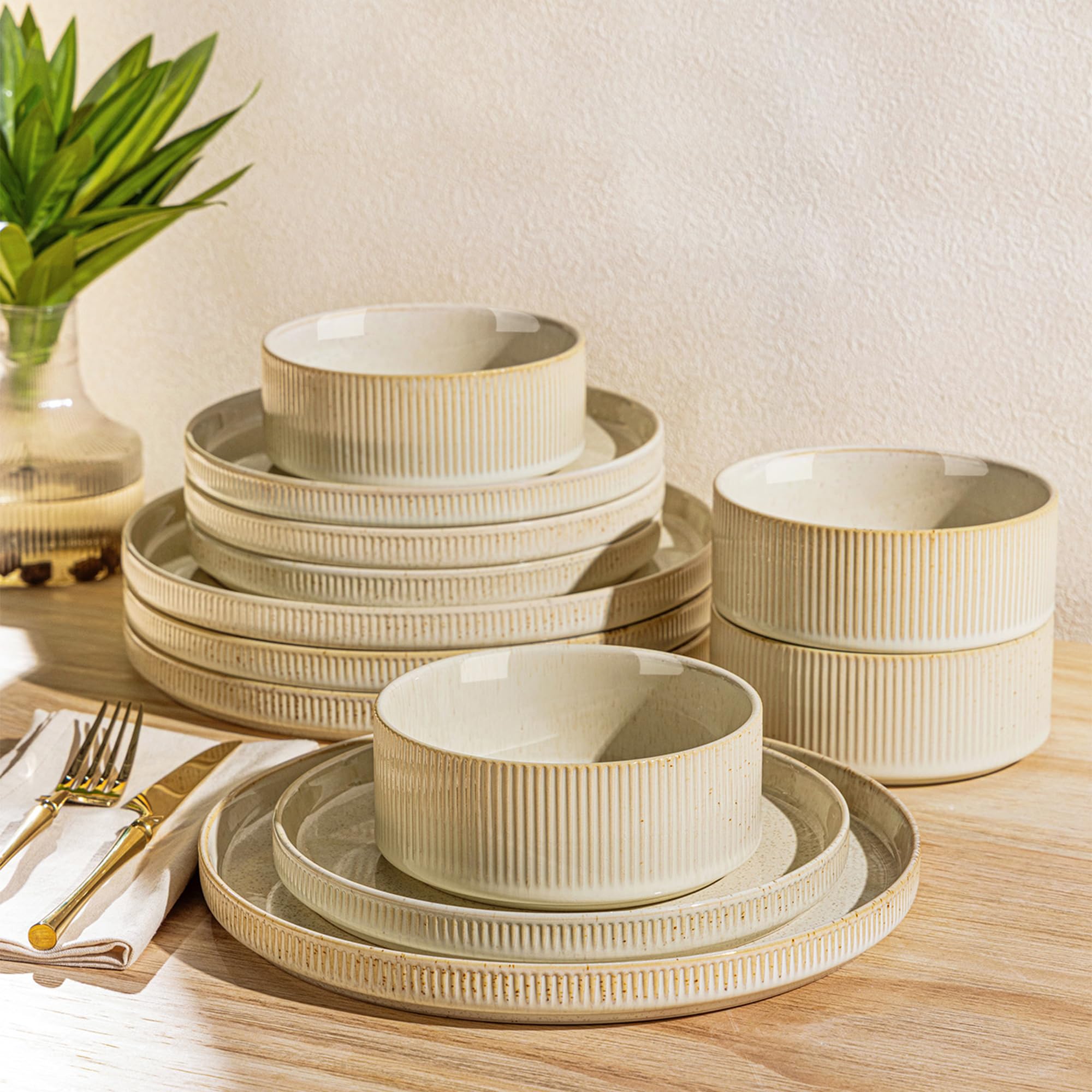 TheTerra Ceramic Dinnerware Sets for 4, 12 Pieces Porcelain Lightweight Speckled Plates and Bowls Sets, Scratch Resistant Dish S