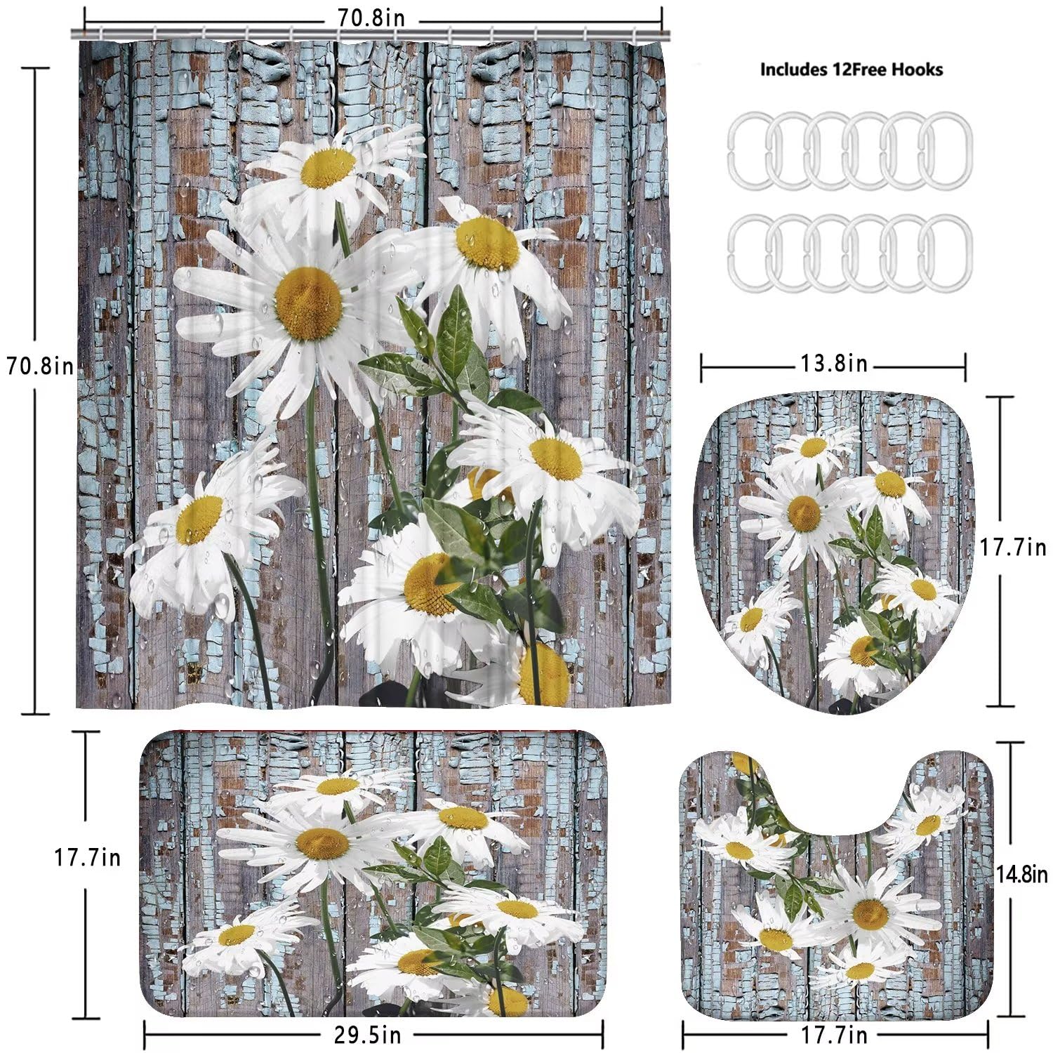 Azhm White Daisy Flower Shower Curtain Sets 4 Pcs Rustic Farmhouse Bathroom Decor Set With Shower Curtain And Rugs And Accessori