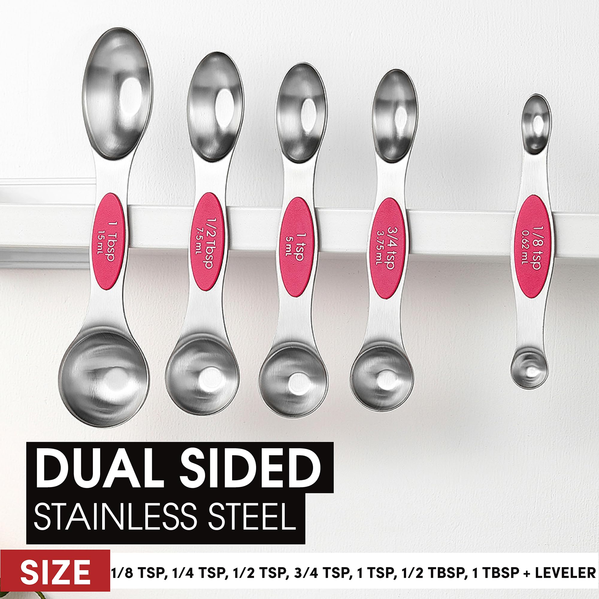 Spring Chef Magnetic Measuring Spoons Set, Dual Sided, Stainless Steel, Fits In Spice Jars, Pink, Set Of 8, 2 Pack