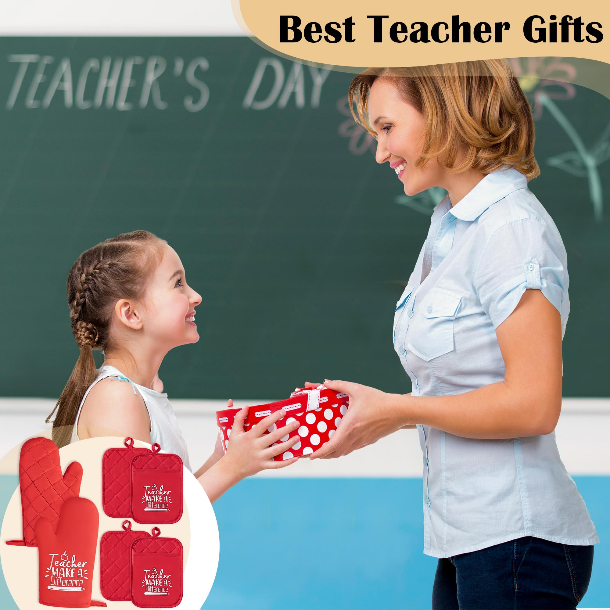 Grobro7 6Pcs Cotton Oven Mitts Pot Holders Teacher Appreciation Week Gift For Women Men Teacher Make A Difference Pocket Pothold