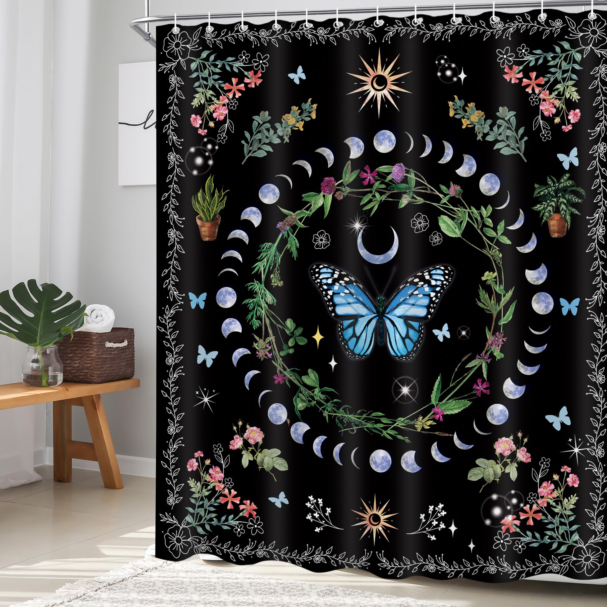Oolygoo Witchy Boho Butterfly Shower Curtain 60''X72'' Moth Sun And Moon Phase Shower Curtain For Bathroom Hippie Flower Plant G