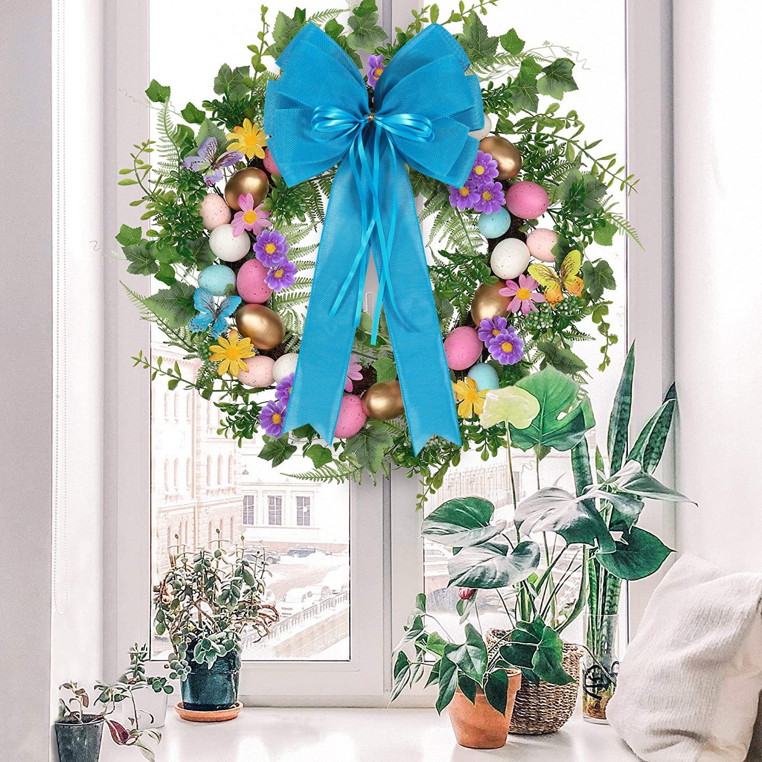 2 Pcs Large Blue Easter Wreath Bow Decor,Spring Summer Tree Topper Bow Decorations,Decorative Bow with Blue Burlap and Glitter S