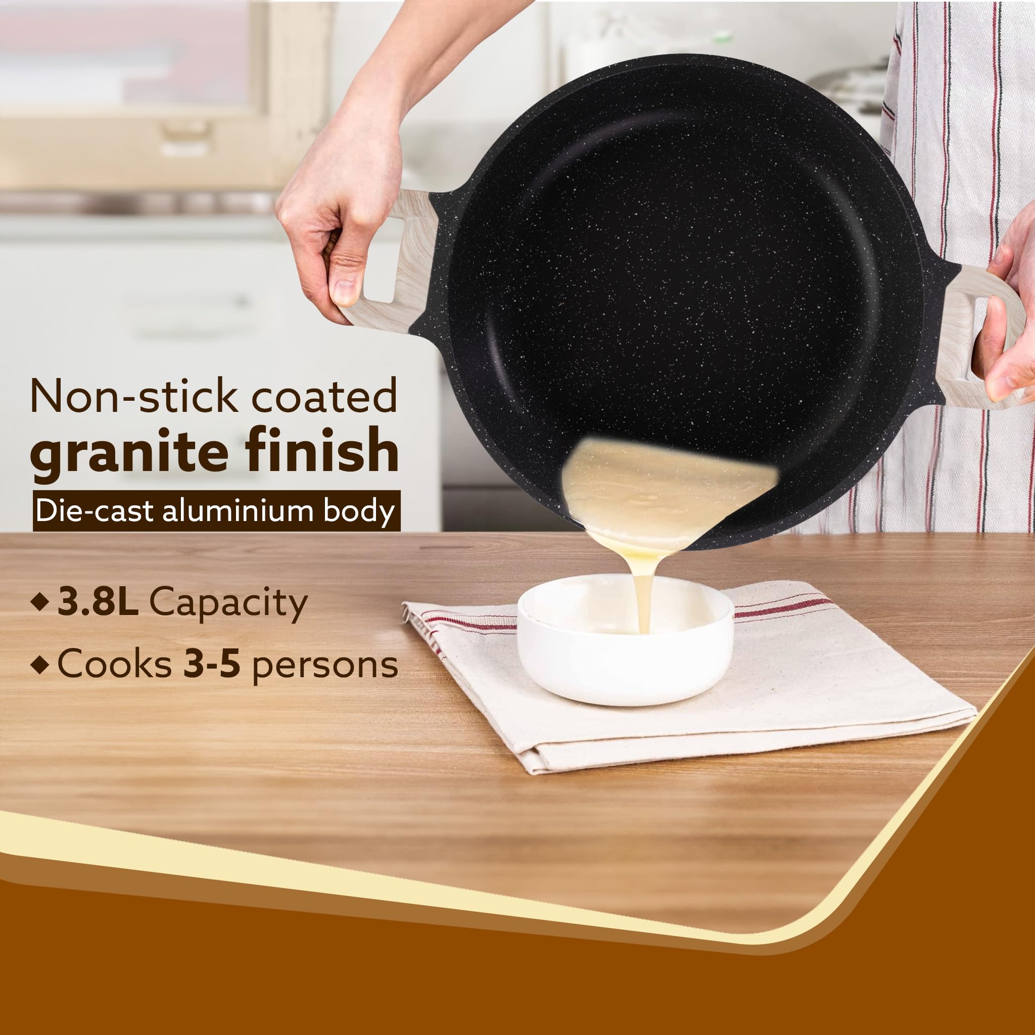 AGARO Imperial Granite Non Stick Kadai with Glass Lid, 3.8L / 28cm, Deep Frying Pan, Biryani Pot, Cast Aluminium Body, Gas & Ind