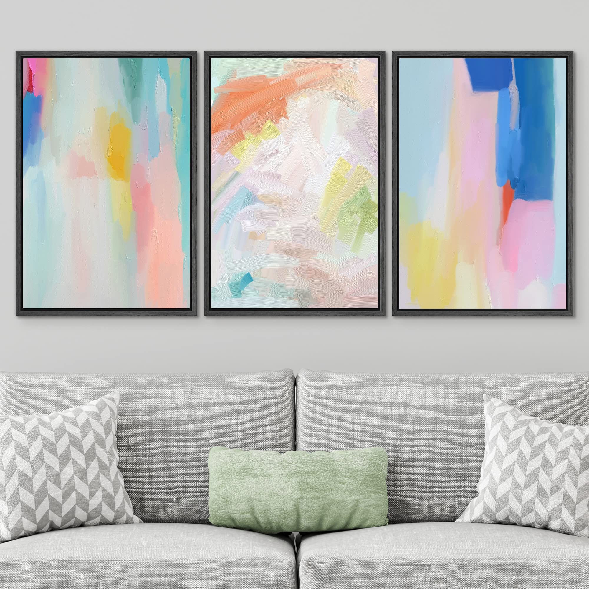 Signwin Framed Canvas Print Wall Art Set Watercolor Pastel Rainbow Paint Stroke Shapes Abstract Illustrations Modern Art Decorat