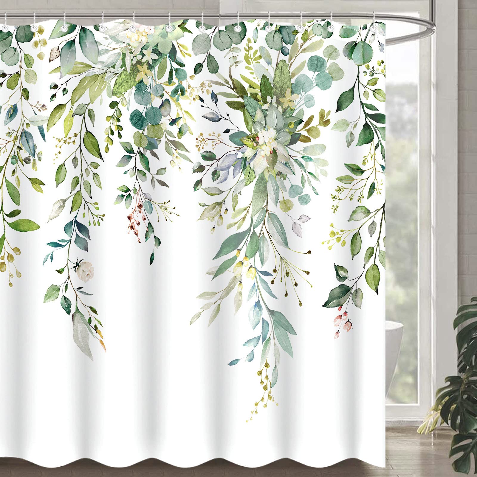 Zussun Long Green Eucalyptus Shower Curtain Watercolor Floral Plant Leaf Shower Curtains For Bathroom Botanical Flower Waterproo