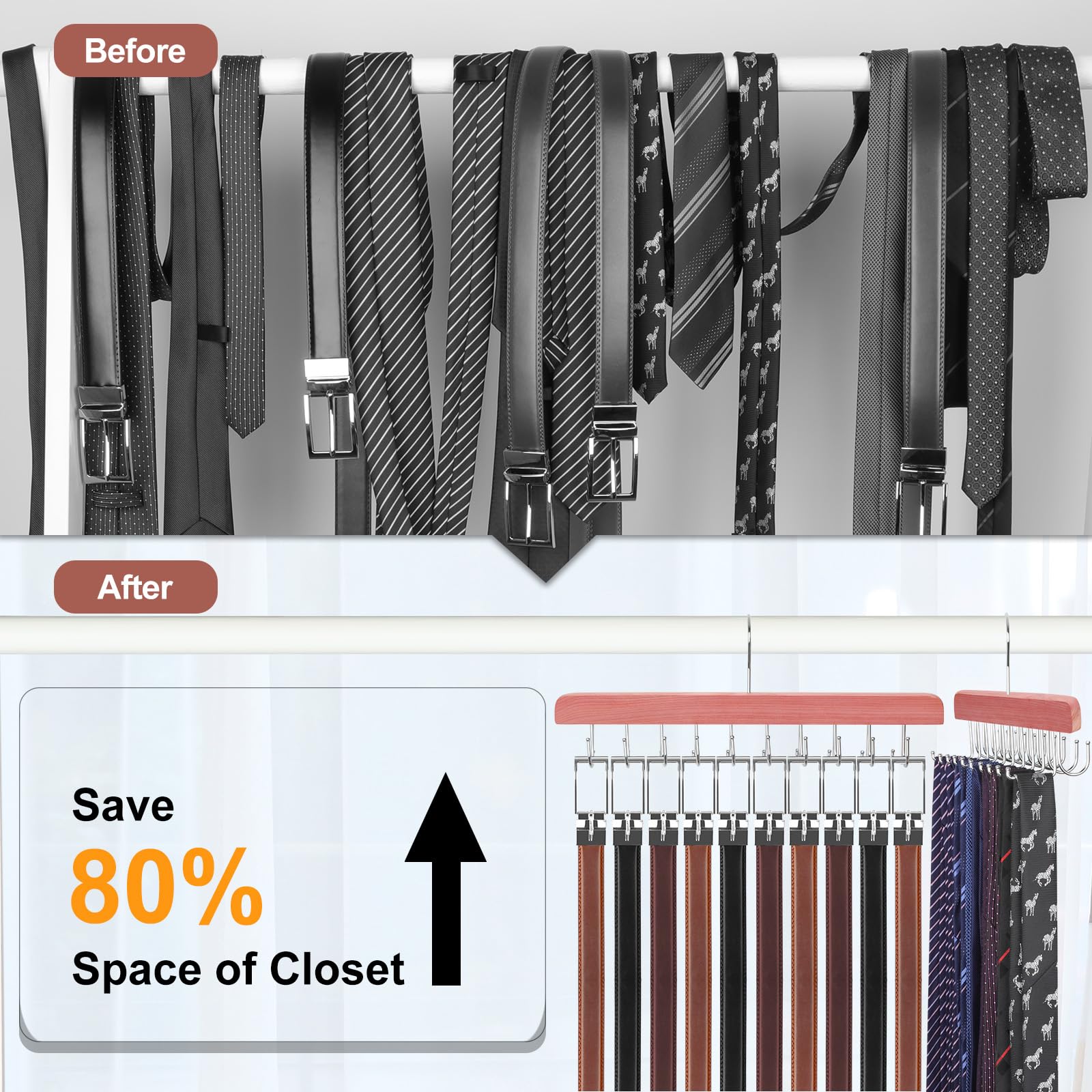 Topia Hanger Cedar 2 Pack 2 In 1 Belt Tie Hanger For Closet Max 60 Belts With 60 Ties Capacity, 20 Hooks Belt Tie Racks Hanger F