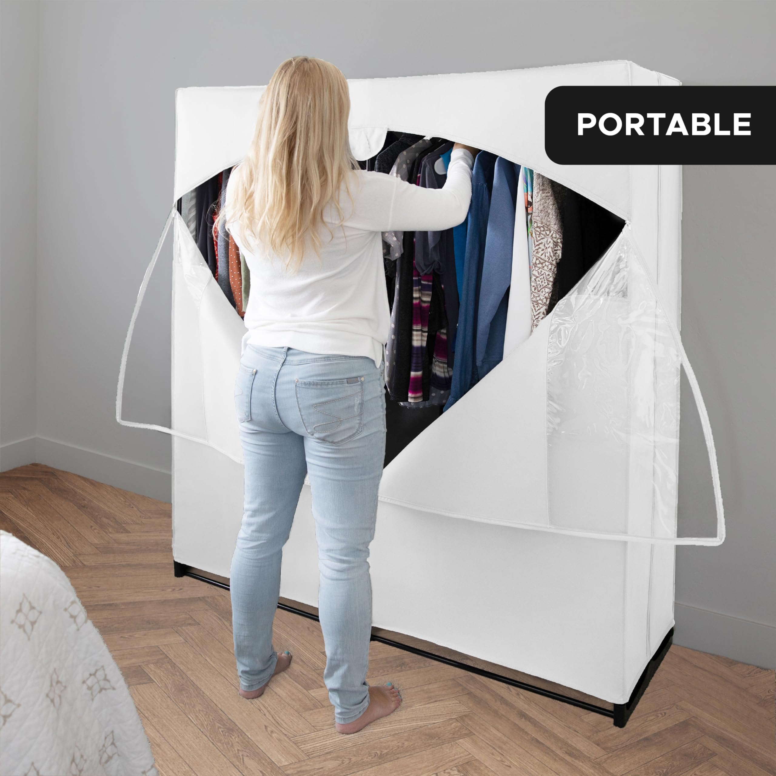Holdn Storage Portable Wardrobe Closet, Large - Premium Heavy Duty Metal Hanging Rod With White Cover- 50 Lb. Weight Capacity- S