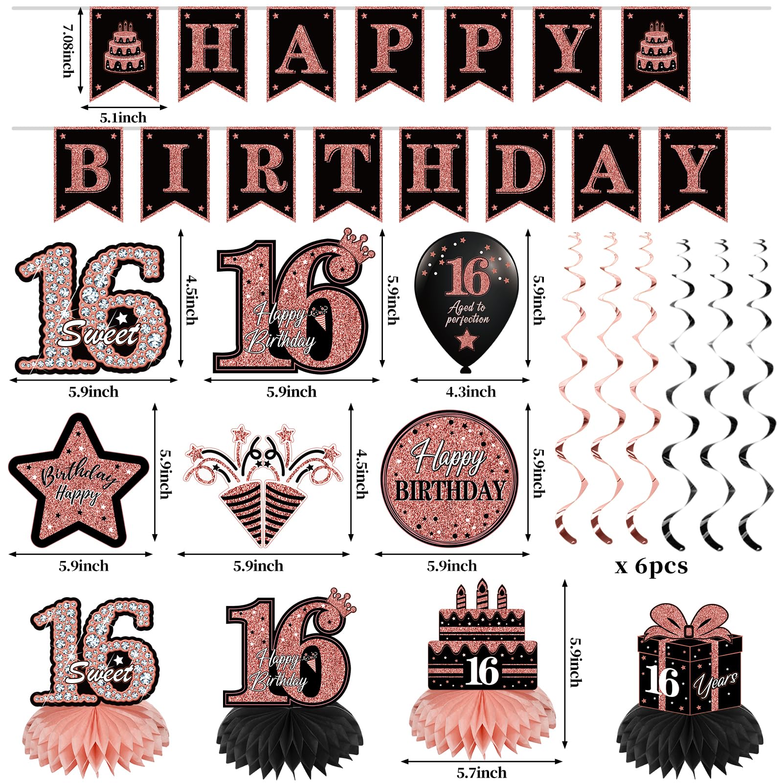Eucutur 42Pcs Sweet 16 Birthday Party Decoration Kit For Girls, Rose Gold Happy 16Th Bday Banner Balloon Honeycomb Centerpiece S