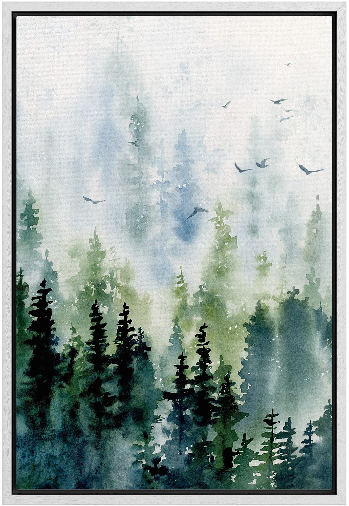 Signwin Framed Canvas Print Wall Art Woodland Nursery Decor Watercolor Pastel Pine Tree Bird Sky Nature Modern Art Decorative La