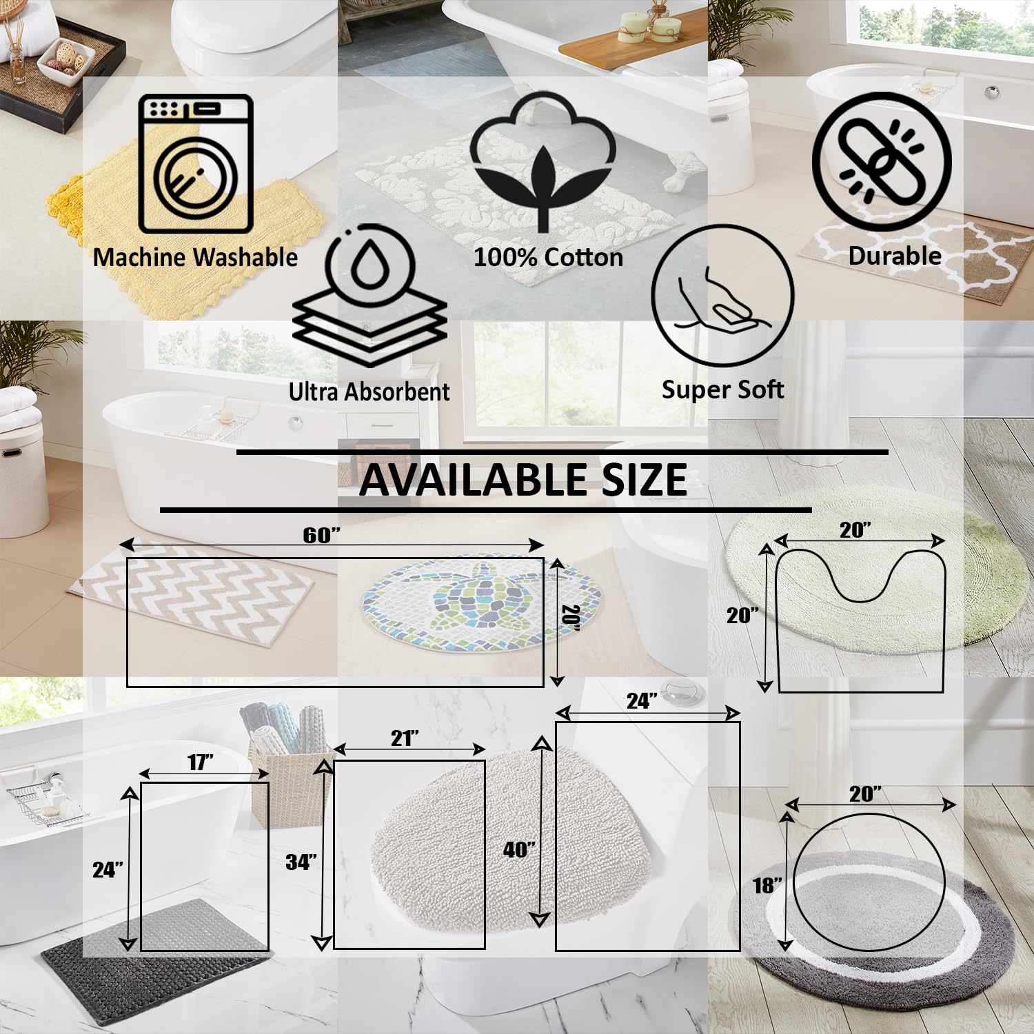 Better Trends 100% Cotton Lux Collection Bath Mats, Silver - Tufted, Absorbent Reversible Bath Mat, Machine Washable, Quick-Dry,