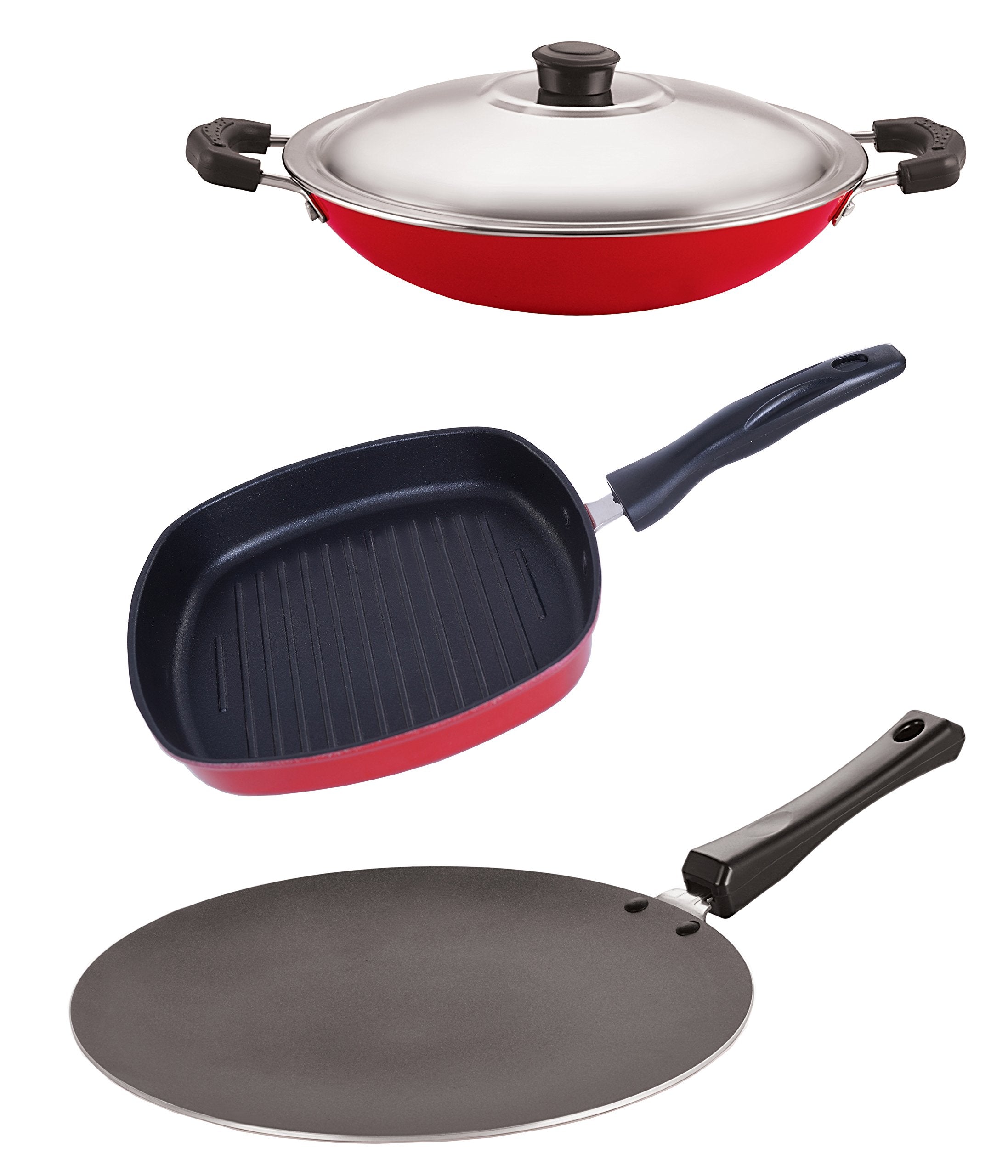 Nirlon Gas Compatible NonStick Roti Tawa Appachatti And Grill Pan Combo Kitchen Cooking Item, 2.6Mm_Ct11_Ac_Gp(22.5)