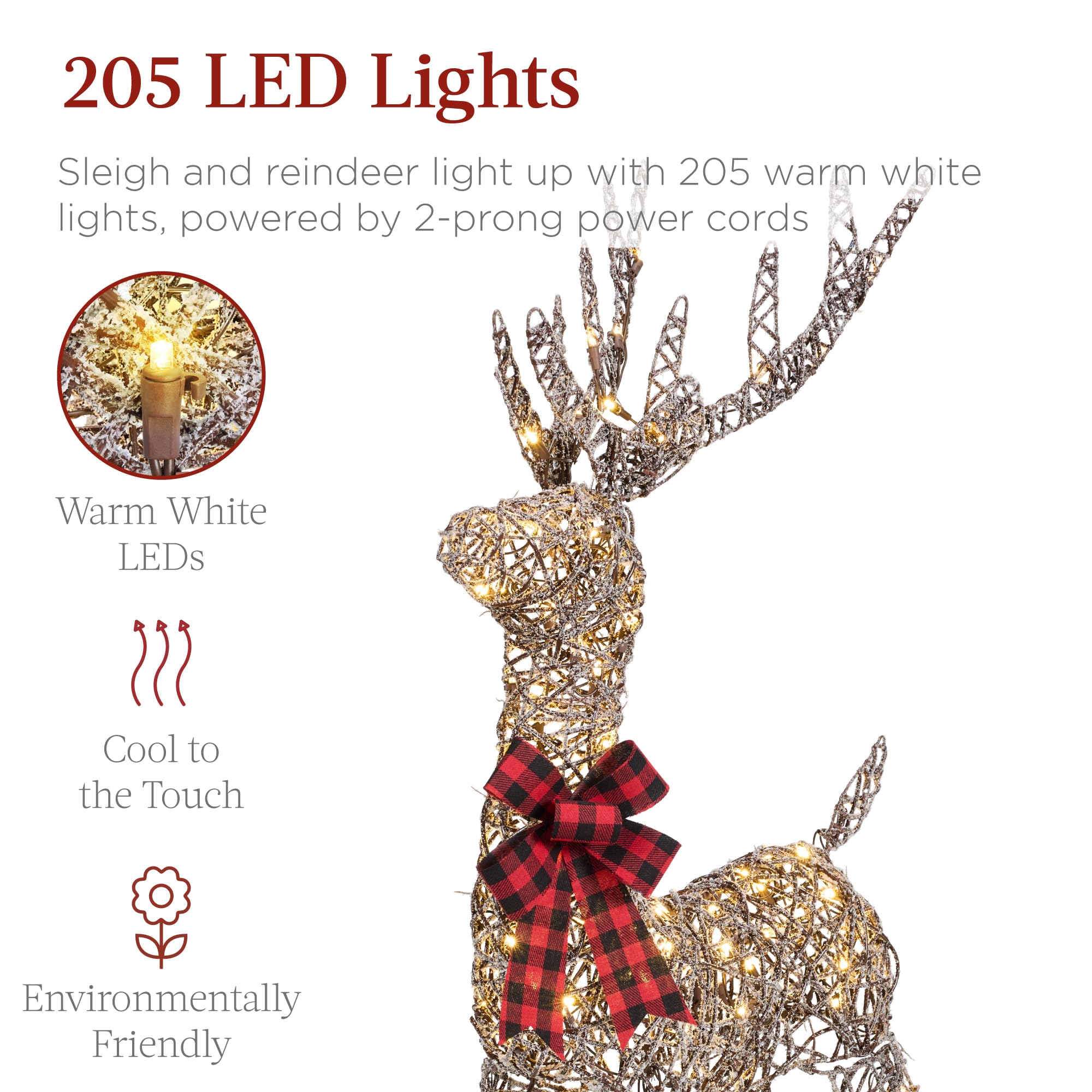 Best Choice Products Lighted Christmas Reindeer & Sleigh Set - 4ft, 205 LED Lights, Rattan, Large, Model SKY10174