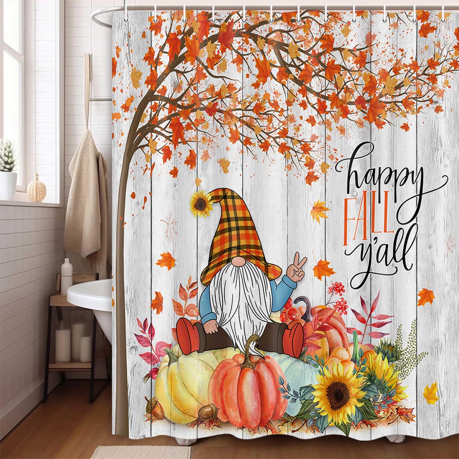 Boziqr Fall Gnome Thanksgiving Shower Curtain, Autumn Maple Tree Leaves Pumpkin Bathroom Curtains, Farmhouse Harvest Rustic Deco