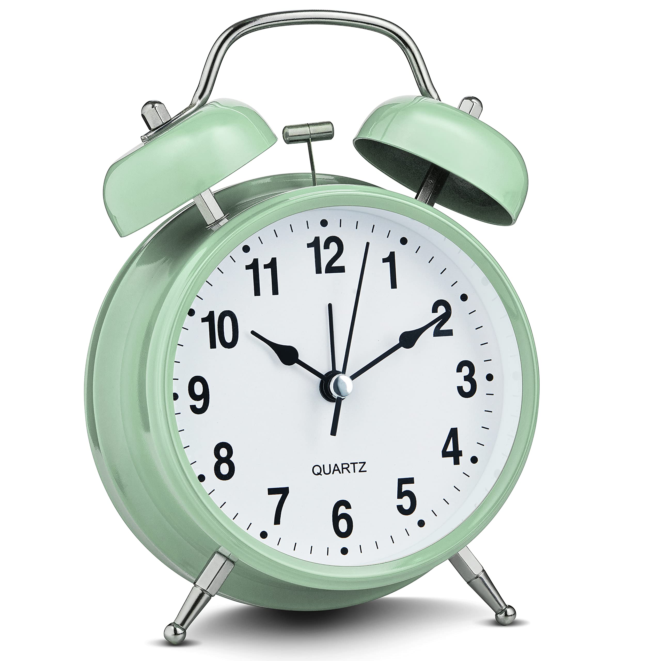 Bernhard Products Analog Alarm Clock 4 Twin Bell Green Silent Non-Ticking Quartz Battery Operated Extra Loud with Backlight for 