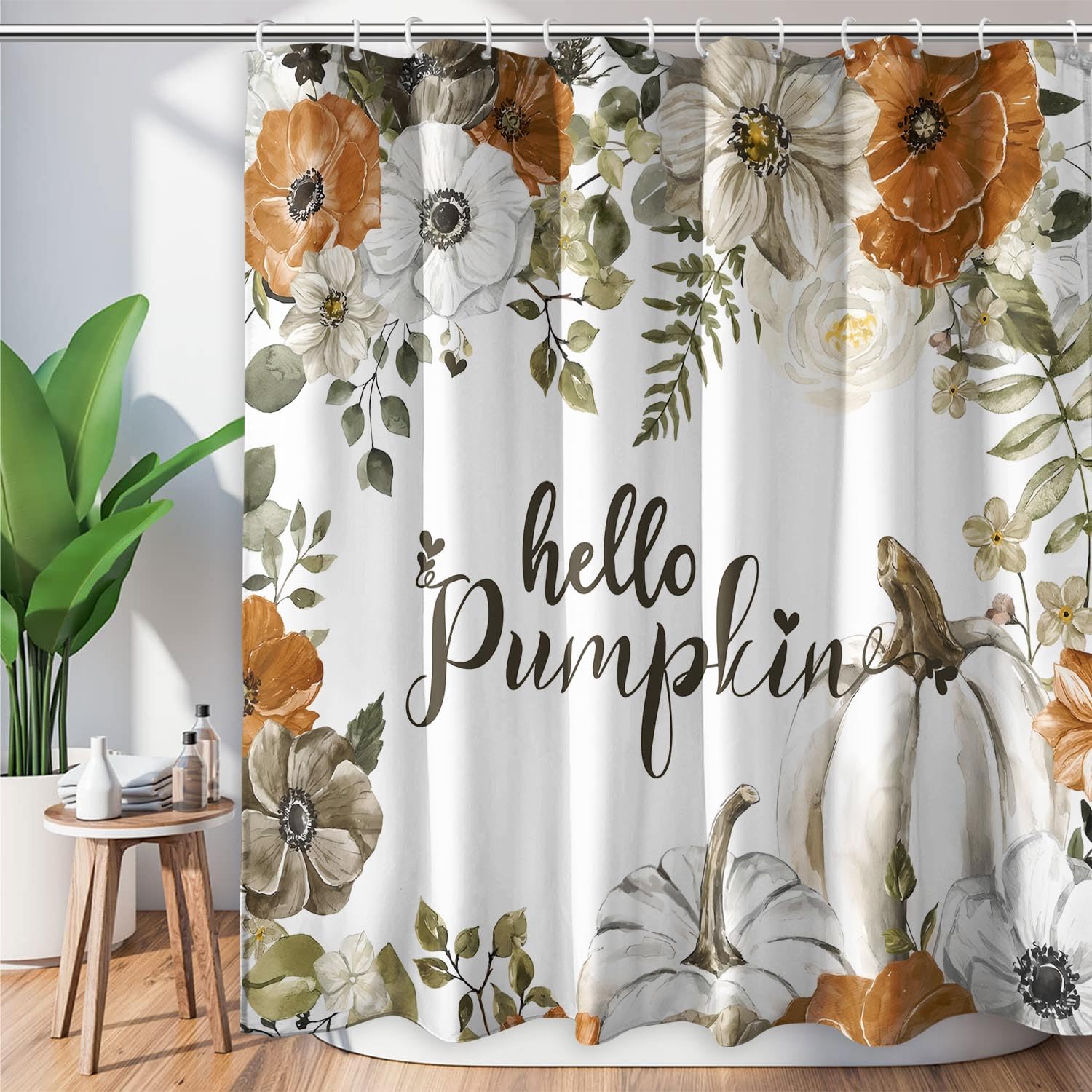Mloabuc Hello Fall Flower Pumpkins Shower Curtain 72X72Inch, Autumn Plants On White Fall Shower Decor, Nature Print Decor Waterp