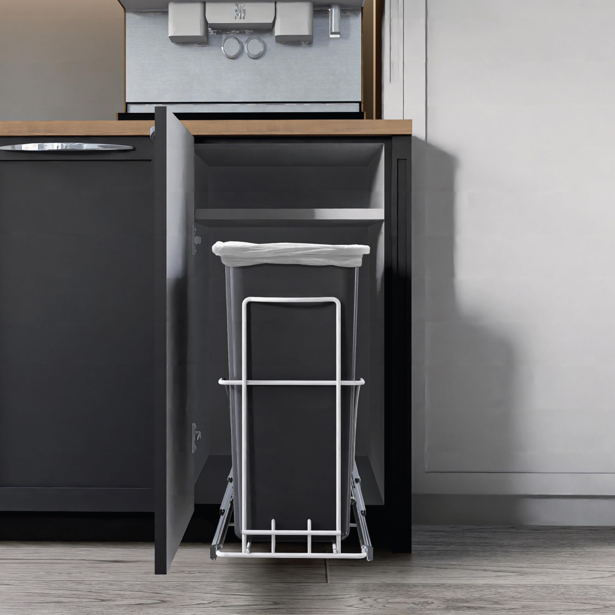Home Zone Living 7.6 Gallon Pull Out Under Cabinet Trash Can  Removable Liner for Recycling or Trash  Slim Shape