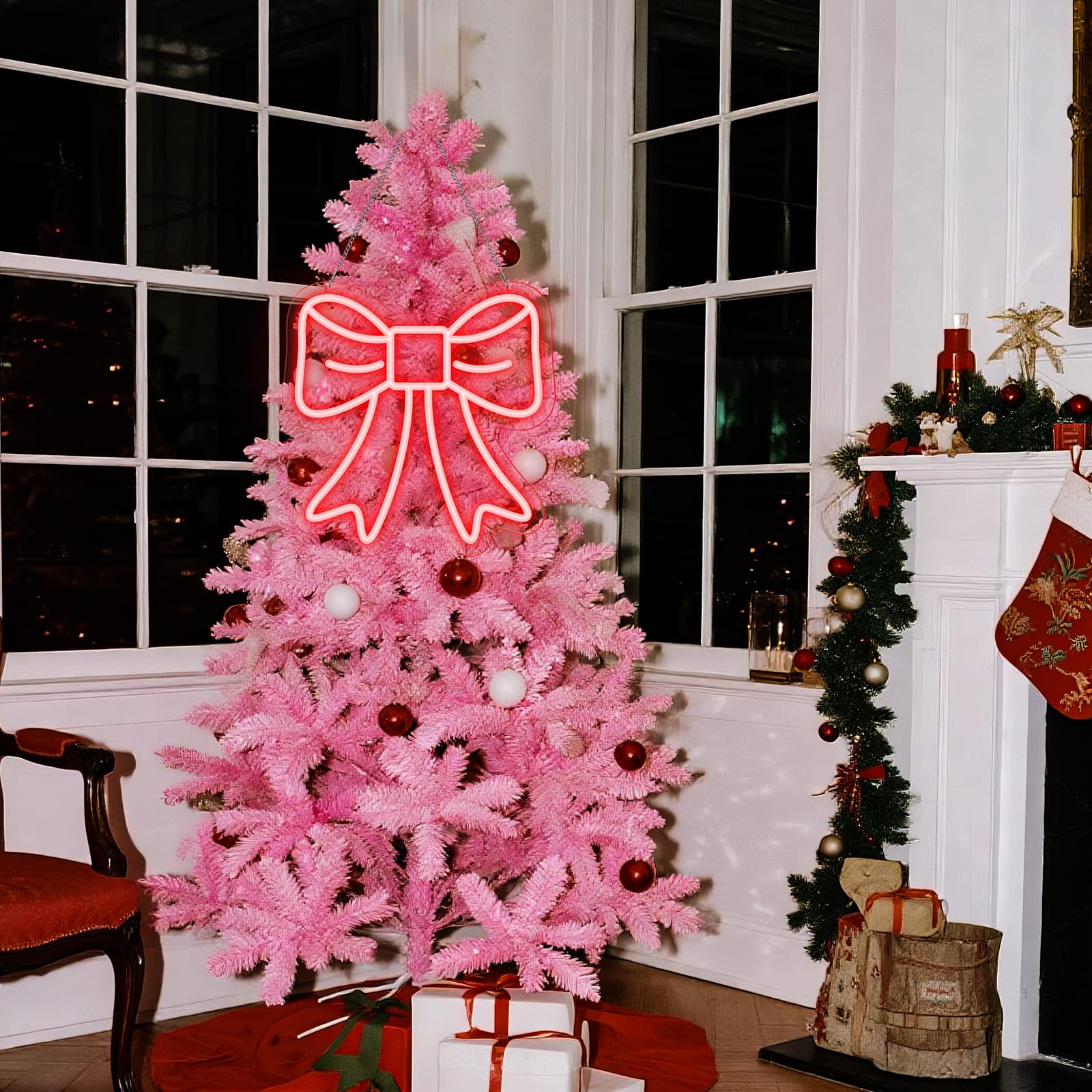 Large Christmas Red Bow Tree Topper Neon Sign 9.84 Inch Red Lighted Bow Christmas Ornament Xmas Toppers Neon Tree Wreath for Xma
