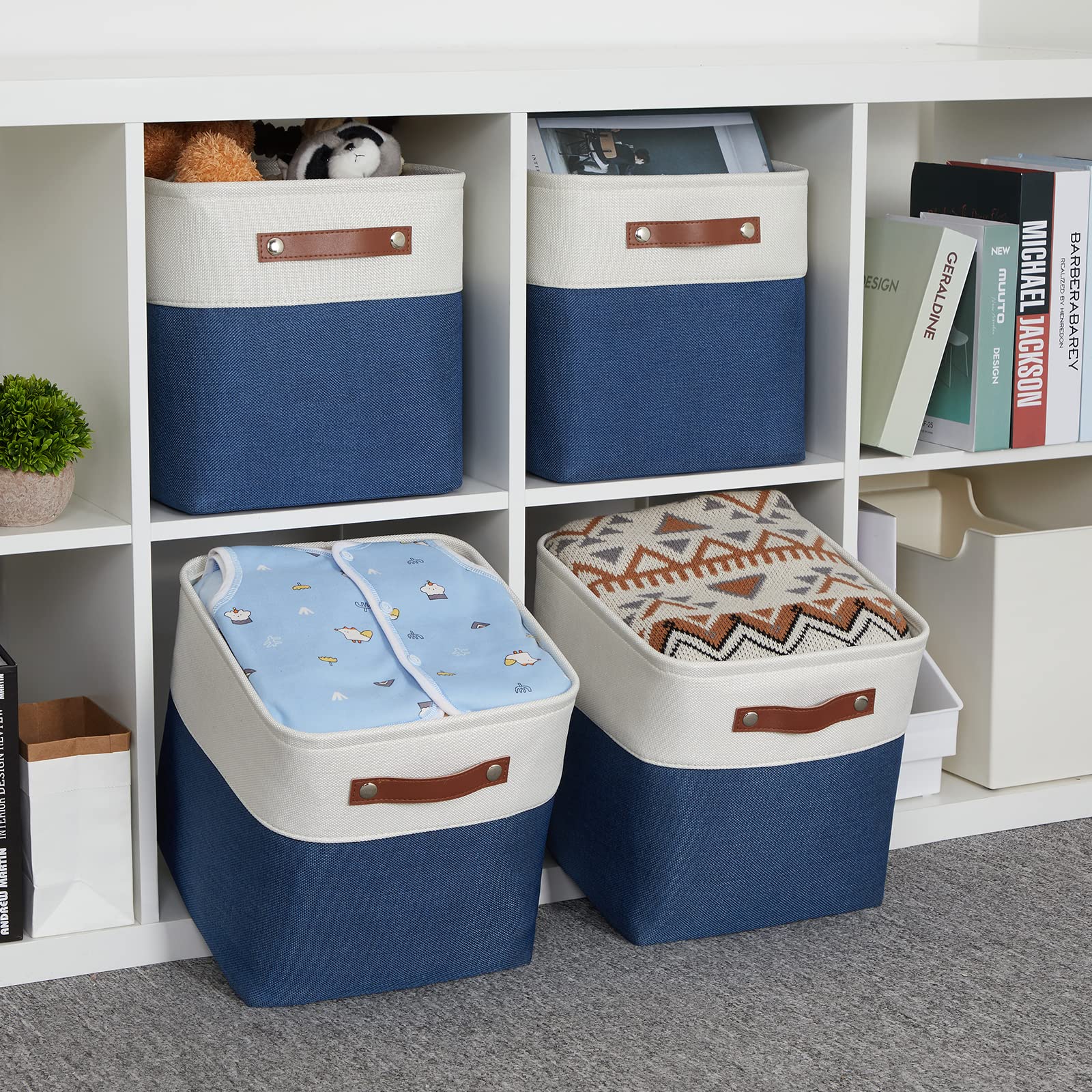 HNZIGE Fabric Cube Storage Bins Basket for Shelves Set of 4  Fabric Storage Cubes Baskets Closet Storage Bins for Cube with Handles  Cubby Storage Bins for Organizing Home Office (White Blue)