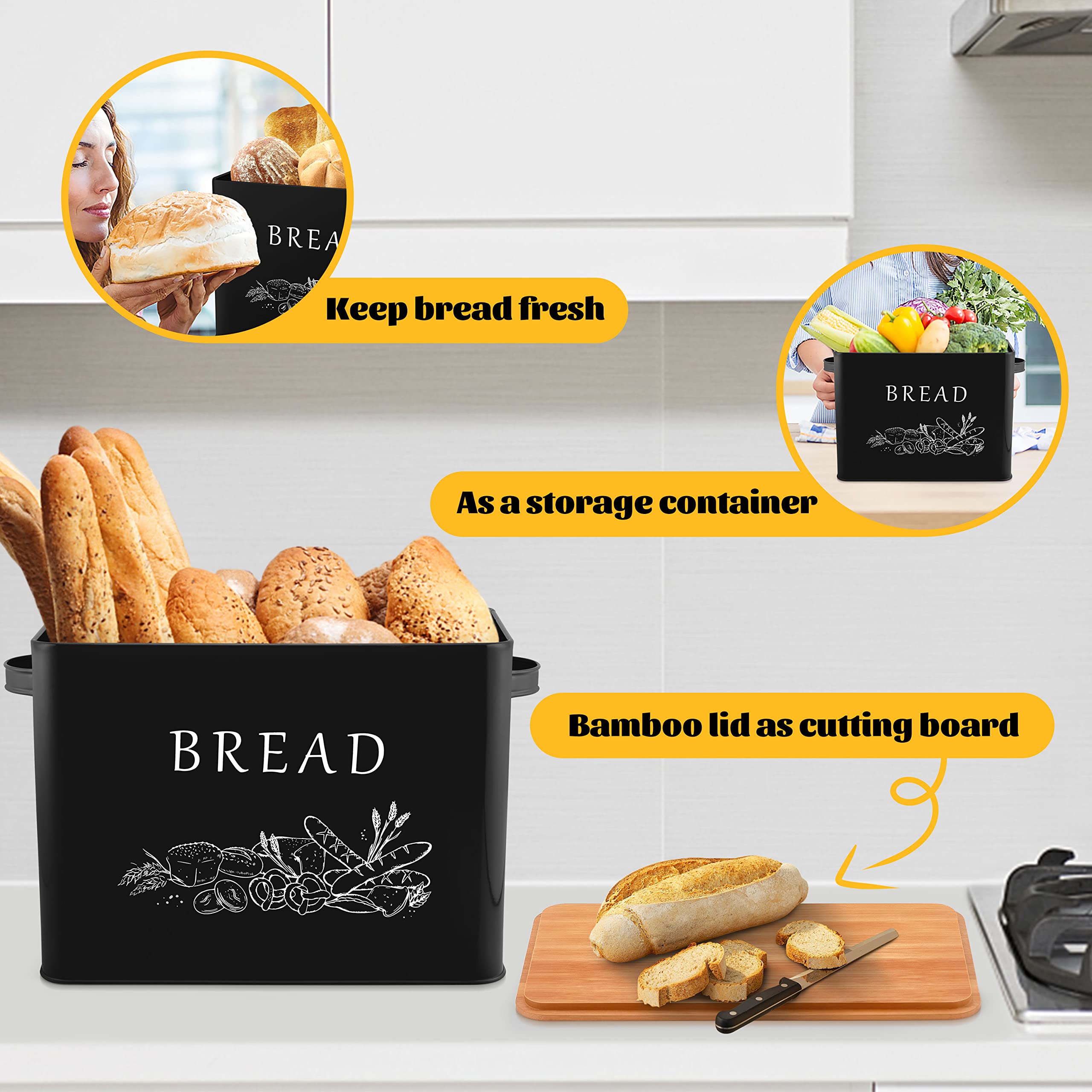 E-Far Bread Box For Kitchen Countertop, Metal Bread Storage Container Bin With Bamboo Lid For Cutting Bread, Extra Large & Farmh