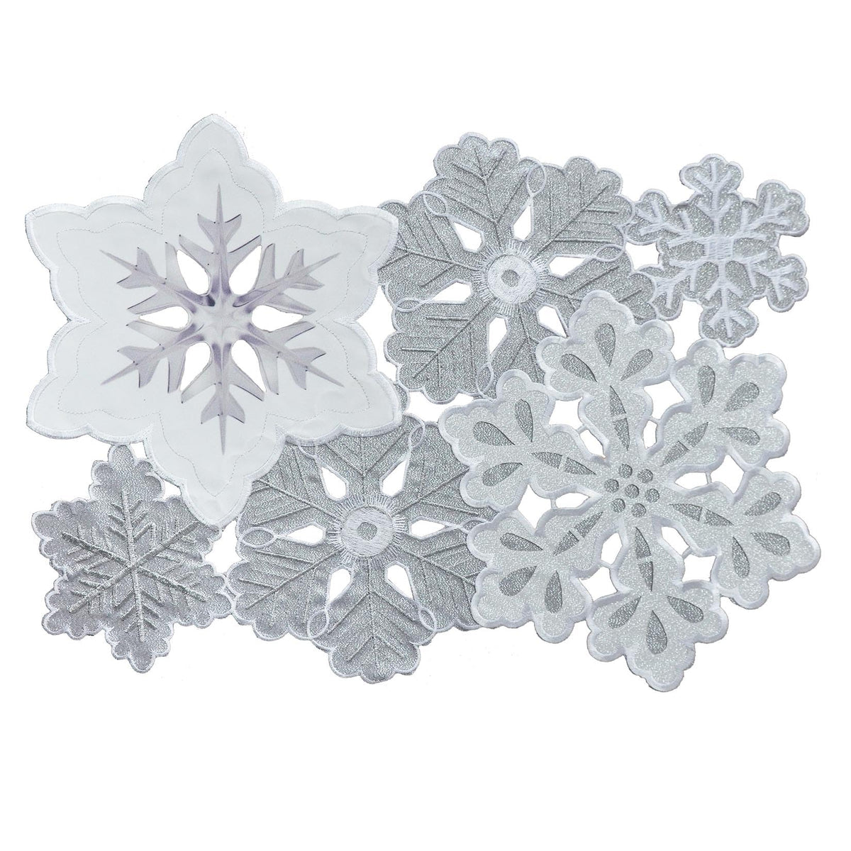 Grelucgo Machine Embroidered And Hand Cut Silver Grey And White Snowflakes Table Placemats For Christmas Holiday (13 X 19 Inches